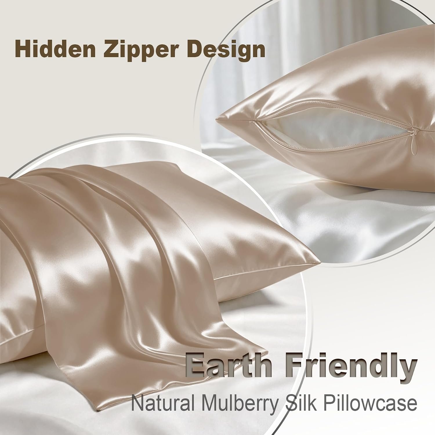 LYSHIN Silk Pillow Cases 2 Pack Queen Size with Zipper, Champagne | 19 Momme Mulberry Silk Pillowcase for Skin and Hair, Anti-Acne, Hypoallergenic, Cooling, Beauty Sleep, Gifts for Women - Image 2
