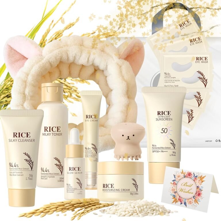 15PC Luxury Rice Korean Skin Care Set Gift Kit for Women, Glass Skin | Luxury rice skincare gift set with cleanser, toner, serum, sunscreen, eye masks, brush, headband, bag & card for glass glow