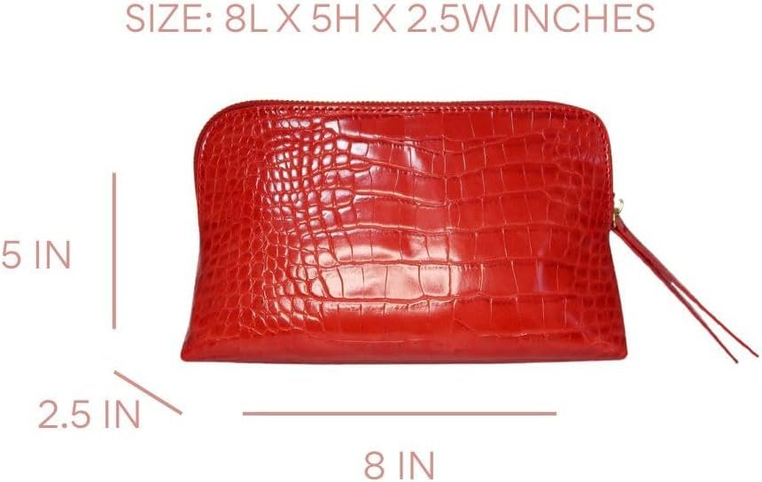 Crocodile Cosmetic Bag Collection, Luxury Vegan Leather Makeup Bag Organizer, Crocodile Embossed Beauty Bag for Travel, Skincare & Makeup Storage (Crimson Reve) - Image 6
