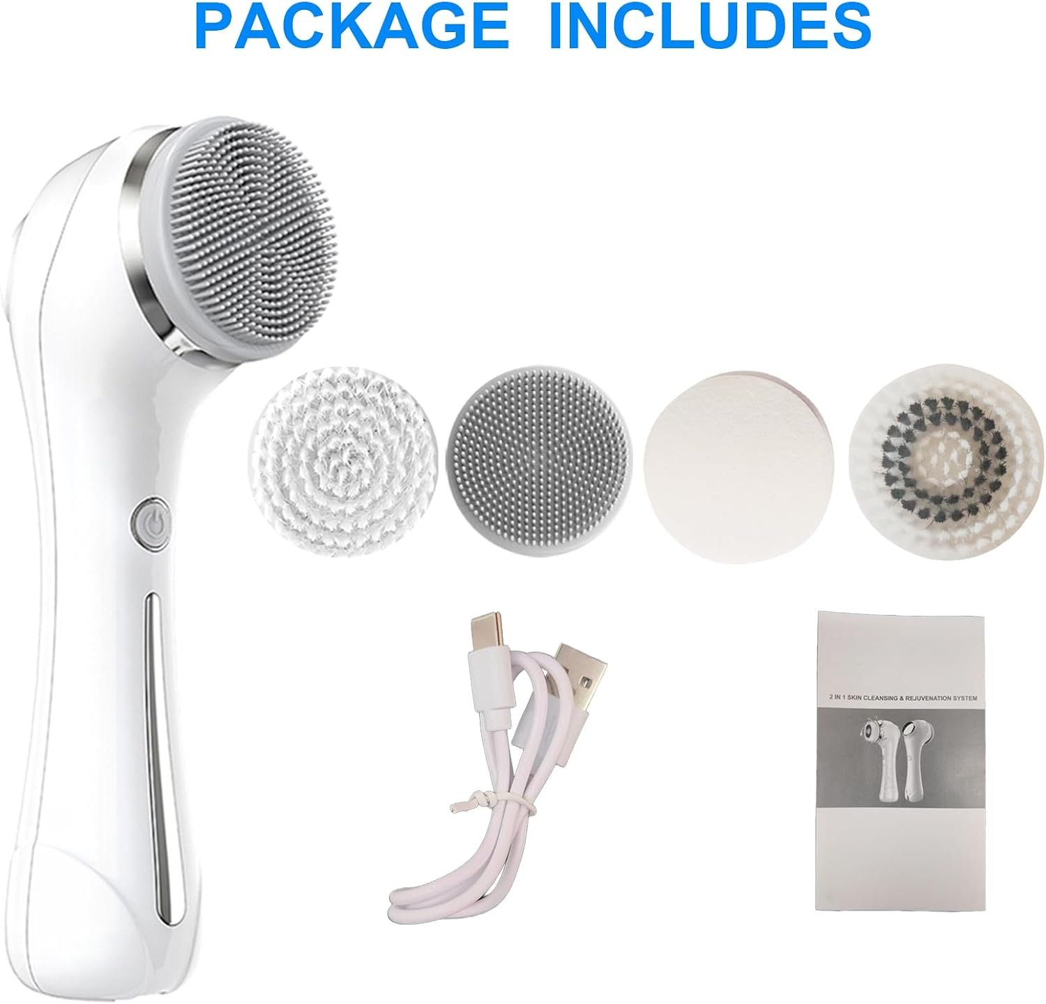 Facial Cleansing Brush, 2 in 1 Waterproof IPx7 Facial Spin Scrubber Set with 4 Brush Heads, Rechargeable Exfoliating Face Brush Deep Cleansing, Gently Exfoliate and Remove Blackhead (White) - Image 8