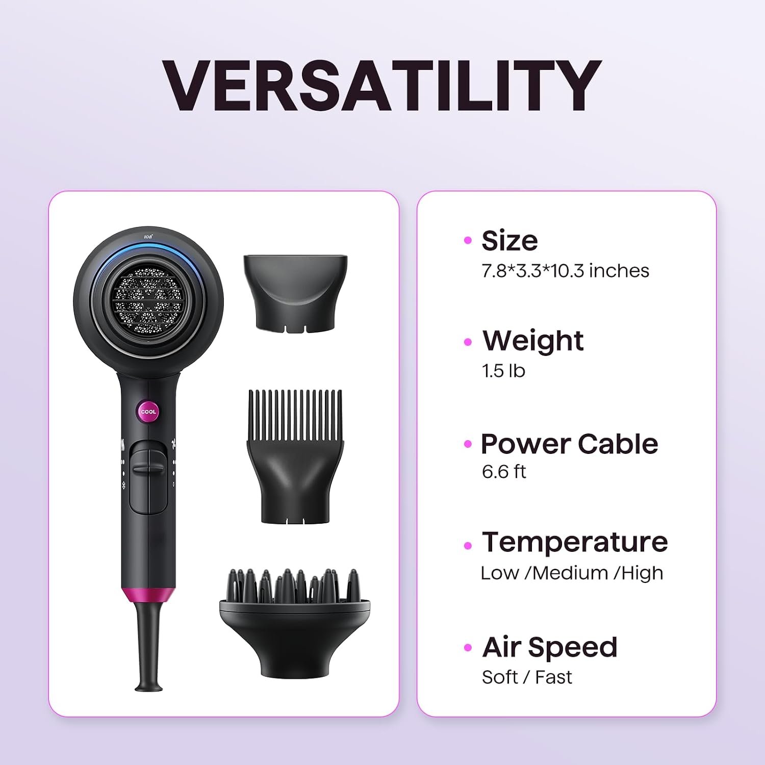 Wavytalk Blown Away Ionic Hair Dryer with Diffuser for Curly Hair | 1875W Fast Drying, 3 Attachments for All Hair Types, Ceramic Healthy Shine, Lightweight & Quiet (Black) - Image 7