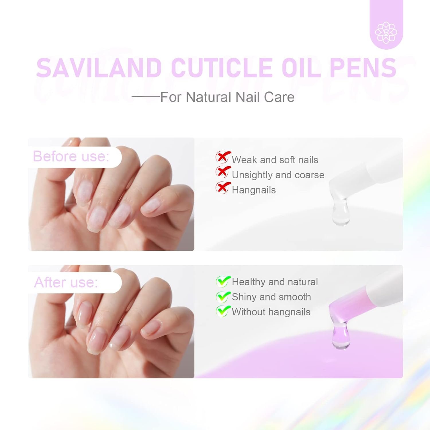 SAVILAND Natural Cuticle Oil Pen 6Pcs Vitamin E for Damaged Thin Nails | Revitalizing Cuticle Softener, Overnight Repair, Nail Strengthener, Plant-Based Jojoba & Olive Oil, Mess-Free Pen Applicator - Image 3