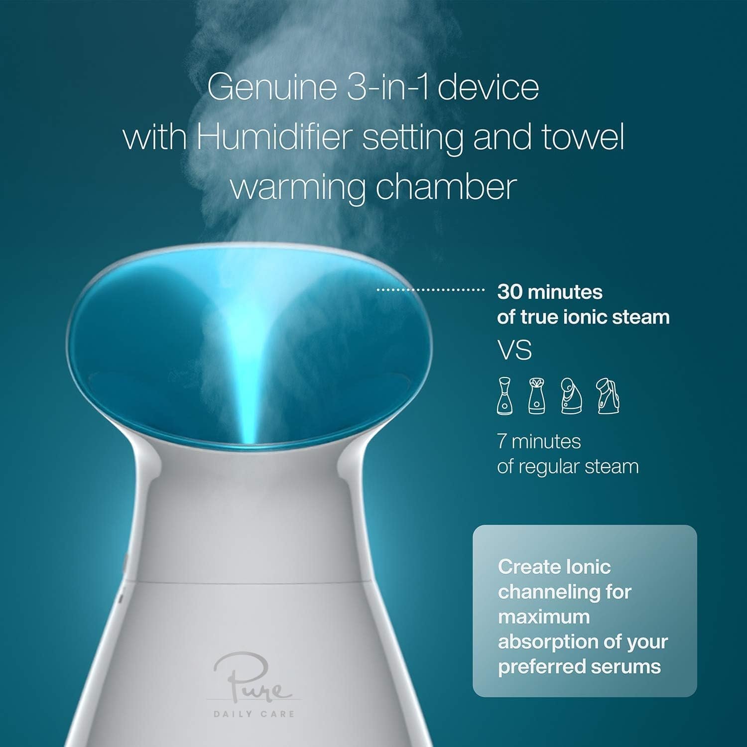 Pure Daily Care NanoSteamer Large 3-in-1 Nano Ionic Facial Steamer with Precise Temp Control - Humidifier - Unclogs Pores - Blackheads - Spa Quality - Bonus 5 Piece Stainless Steel Skin Kit (Teal) - Image 3
