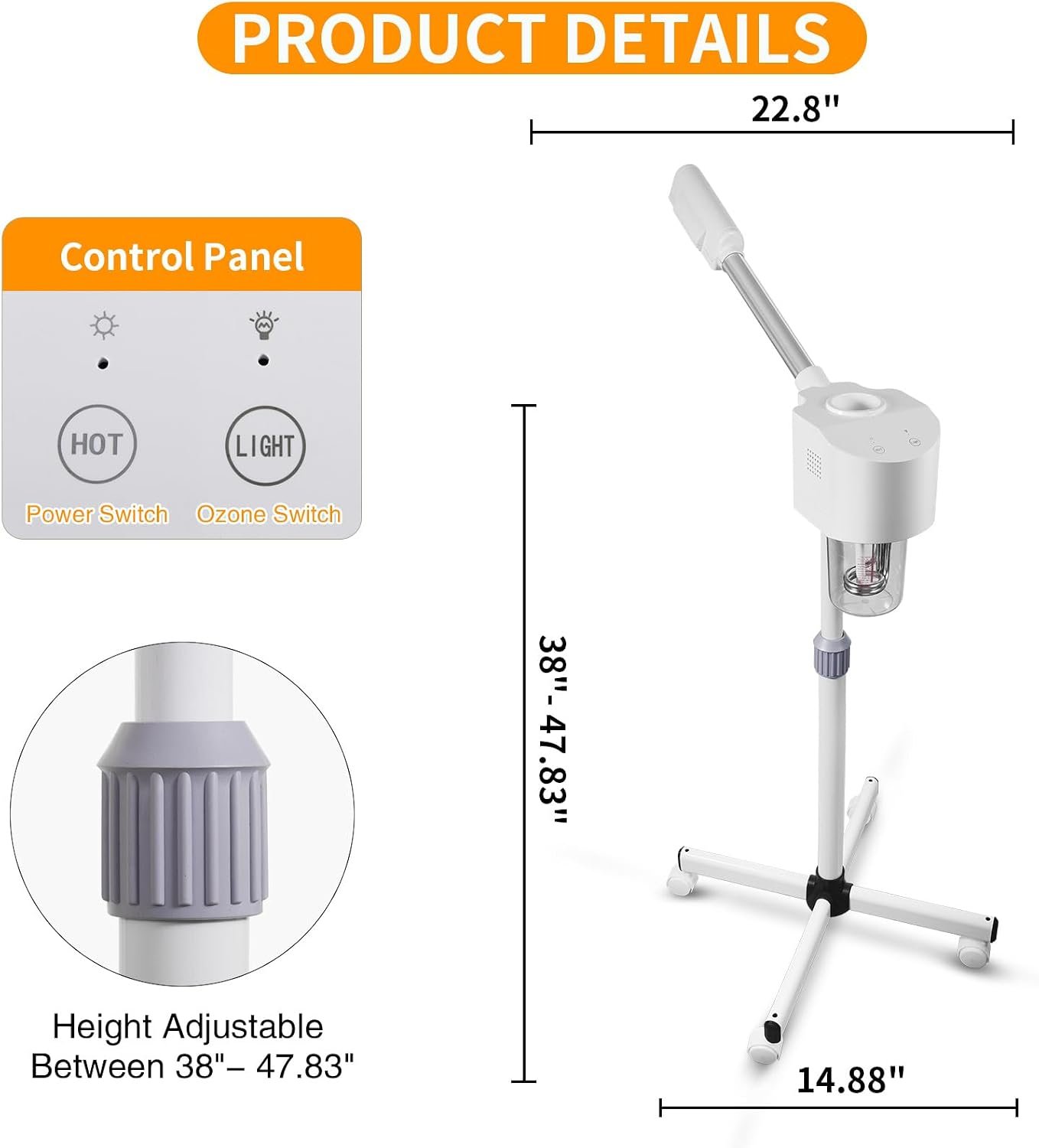 Professional Facial Steamer, Hot Mist Spray, Vaporizador Facial Steamer for Esthetician, Height Adjustable, SPA at Home, White - Image 2