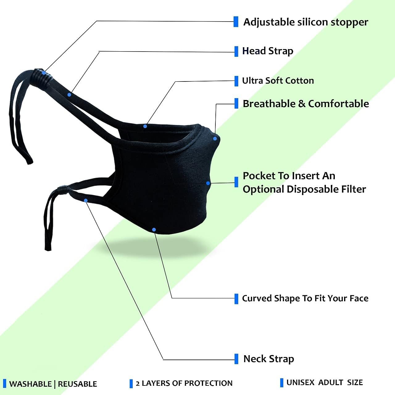 Reusable Black Cloth Face Mask For Men And Women - Washable Breathable Ear Saver Cotton Face Cover - Image 2