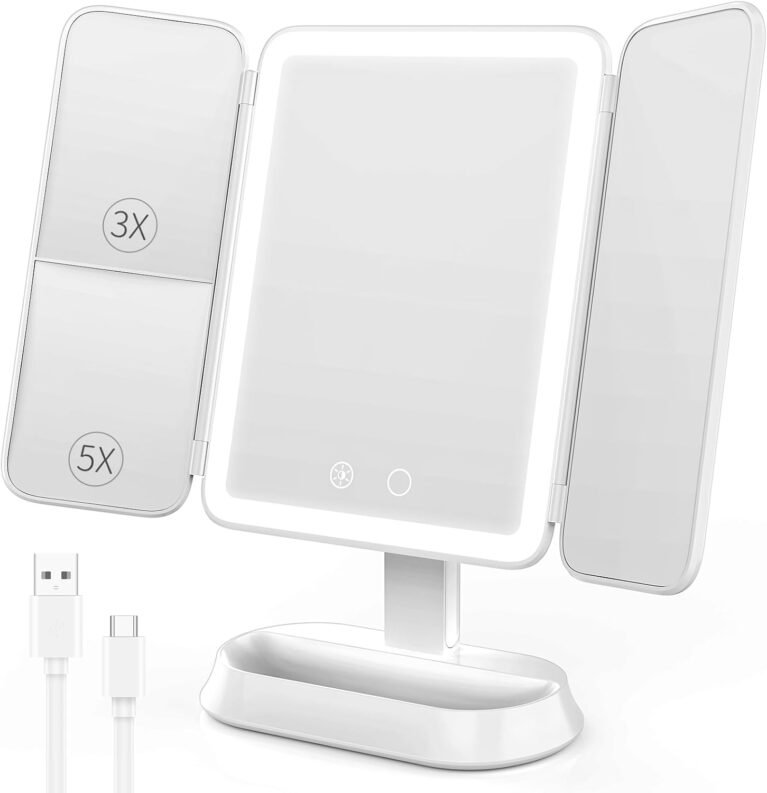Makeup Mirror with Lights, 1X/3X/5X Magnification Vanity Mirror, 3 Colors Dimmable Soft Light 360° Rotation Smart Touch | Rechargeable Portable Trifold Mirror for Travel/Dorm/Room, Gift for Women