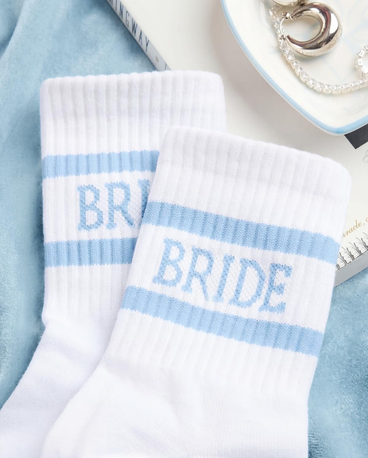 xo, Fetti Bride Socks, White | Something Blue Bachelorette Wedding Gift | To Be, Bachelorette Decorations, Day Slippers, Bridal Footwear - Image 3