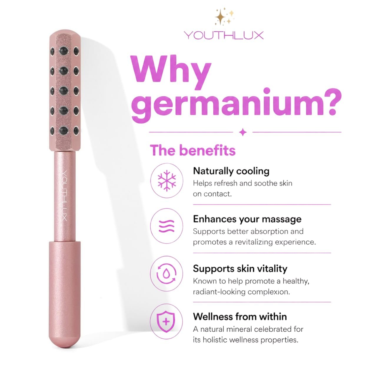 Radiance Roller – Germanium Stone Facial Massage Tool/Wand Face Roller for Lifting, Sculpting, De-Puffing, Glow Boost, Energizing & Cooling Effect (Rose Gold) - Image 6