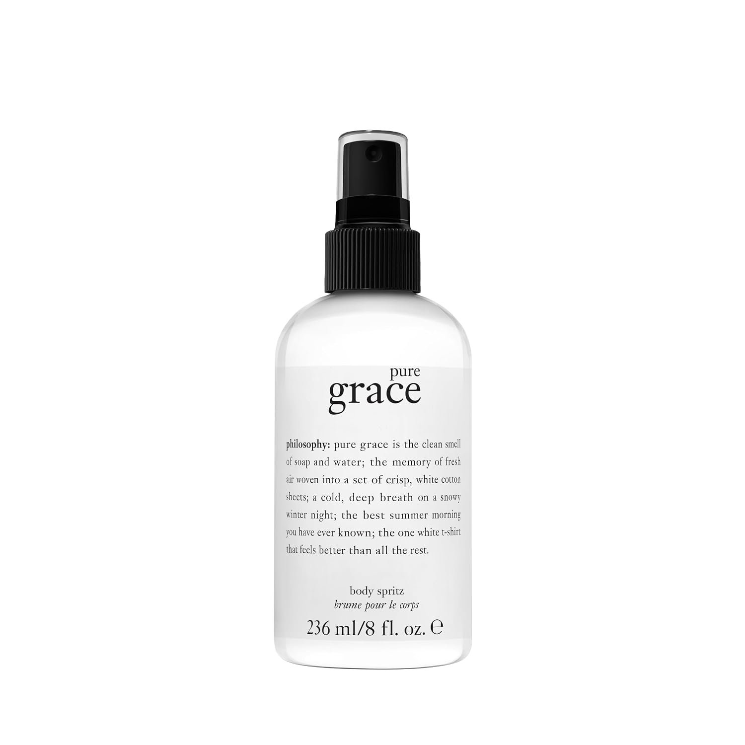 philosophy pure grace body spray - crisp & clean women's scent - with notes of water lily, leafy greens & musk - luxury body spritz for women - long lasting fragrance - 8 fl oz.