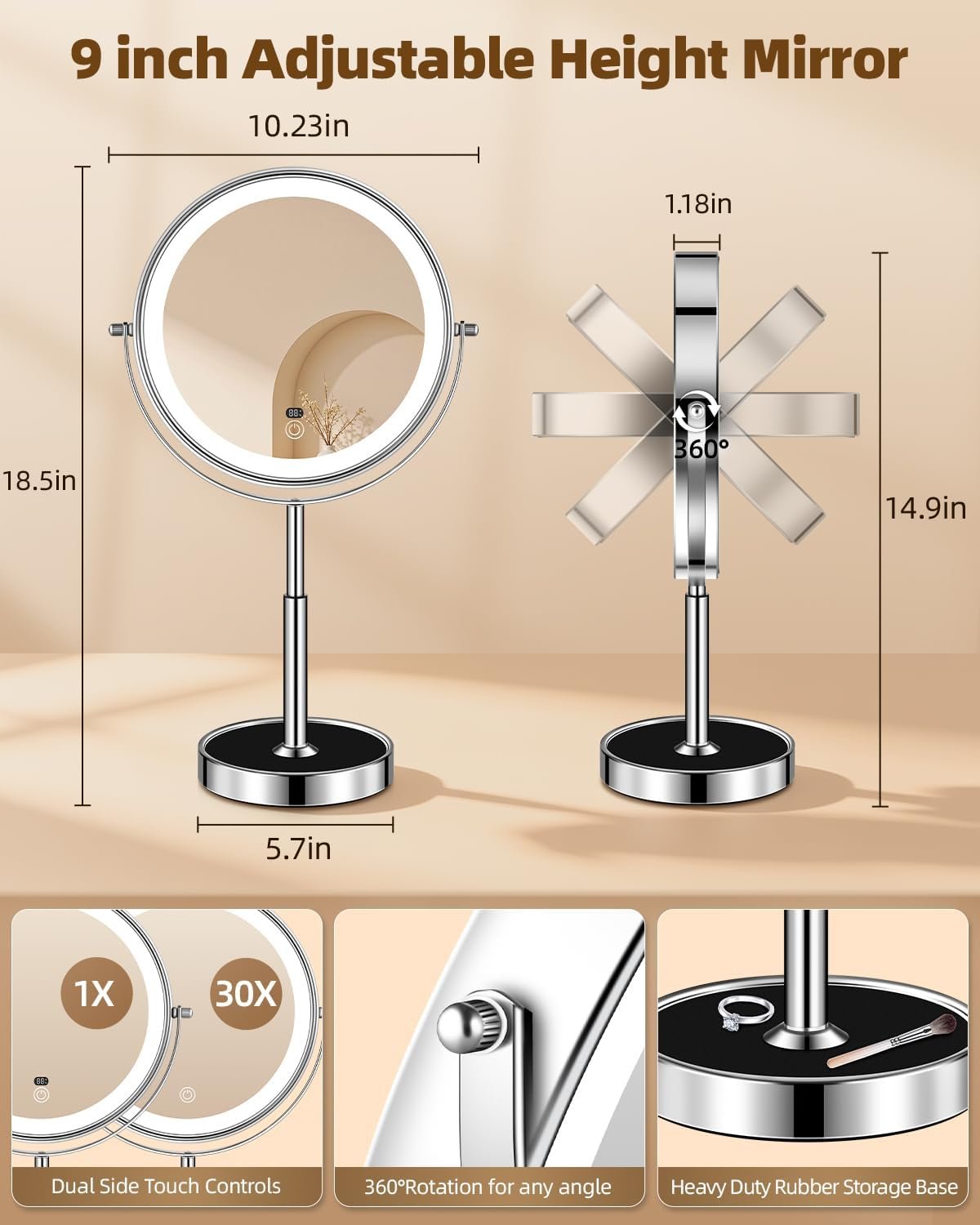 9" Lighted Makeup Mirror with Light,30X Magnifying Height Adjustable Mirror | 5000mah Rechargeable Battery with Level Display Vanity Mirrors with 3 LED Lighting Dimmable for desk Women Gift - Image 6