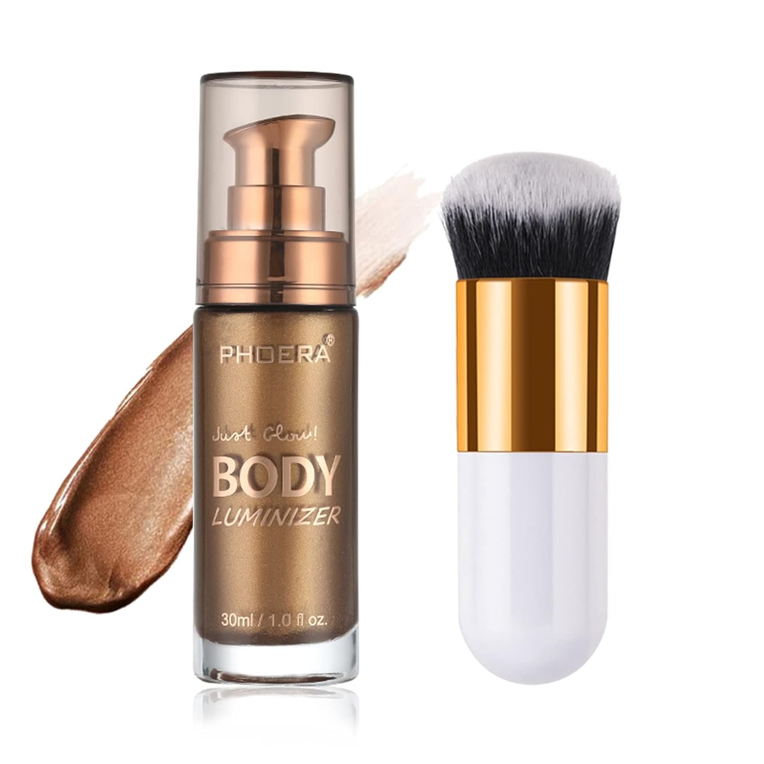 Body Shimmer Oil, Glistening Bronze Natural Glow Luminizer, Brush Include | Long Lasting Moisturizing Liquid Illuminator Highlighter Makeup for a Sun-Kissed Glow, 1oz, Medium