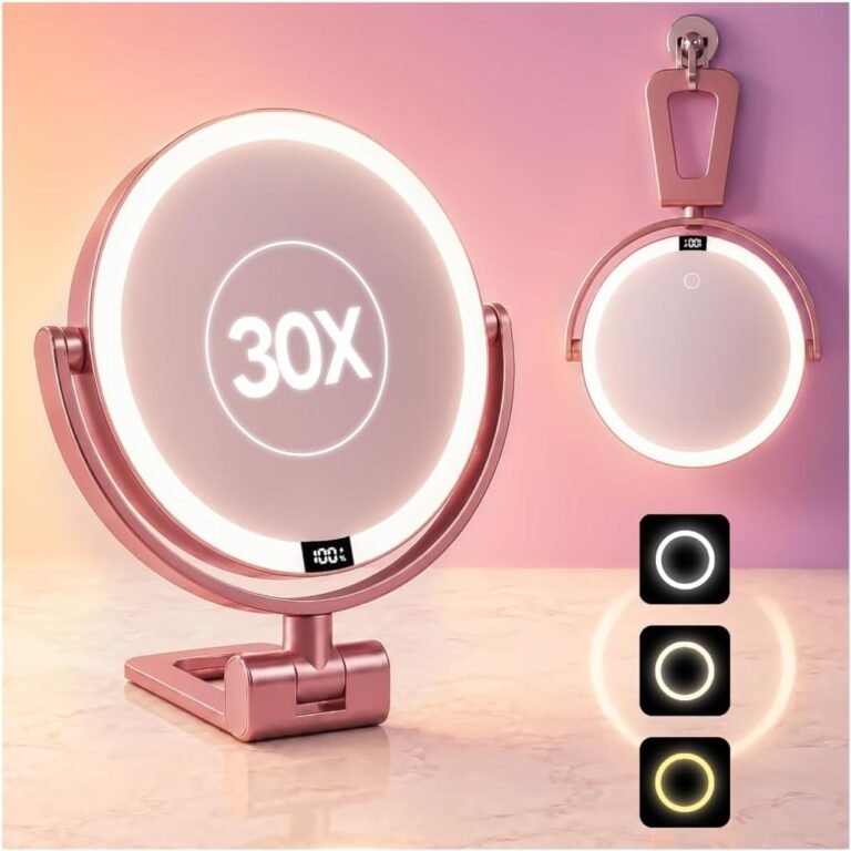 1X/30X Makeup Mirror with Lights, Magnifying Mirror (Rose Gold) | 7 in tabletop| 70 LEDs| 3 color dimming| battery display| 360 rotation| 2000mAh battery| for desk, dorm, travel, gift