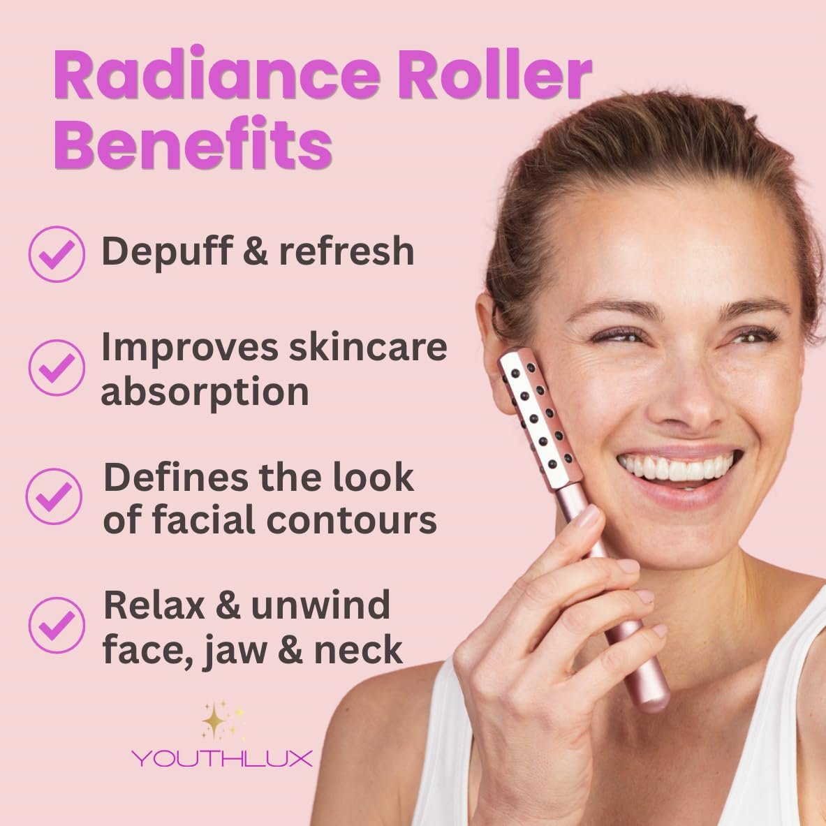 Radiance Roller – Germanium Stone Facial Massage Tool/Wand Face Roller for Lifting, Sculpting, De-Puffing, Glow Boost, Energizing & Cooling Effect (Rose Gold) - Image 3