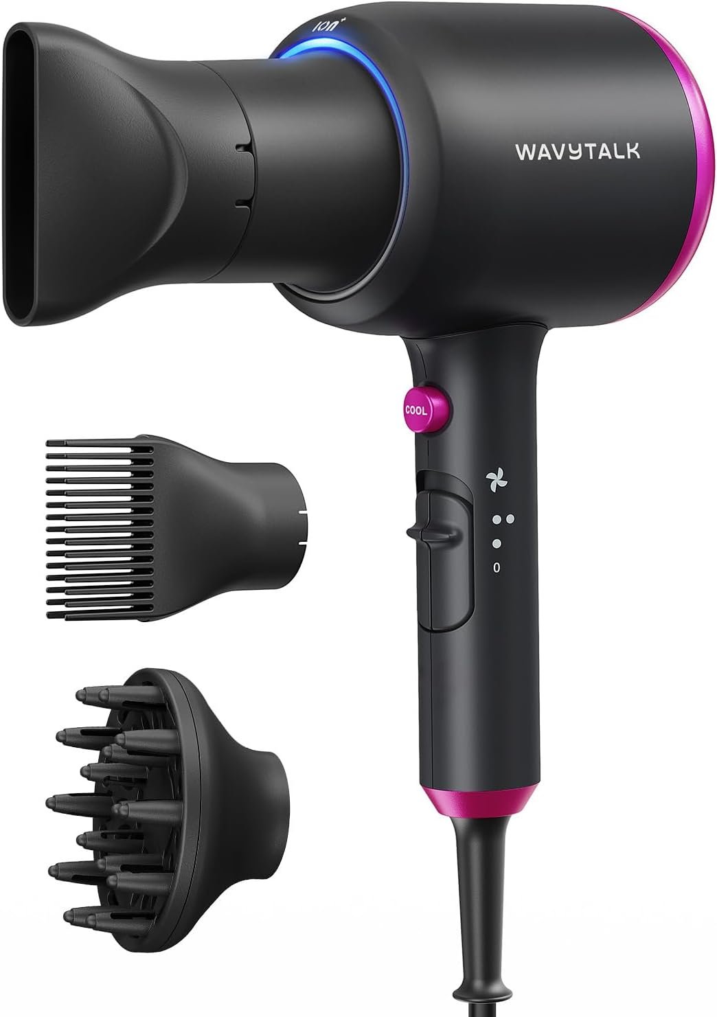 Wavytalk Blown Away Ionic Hair Dryer with Diffuser for Curly Hair | 1875W Fast Drying, 3 Attachments for All Hair Types, Ceramic Healthy Shine, Lightweight & Quiet (Black)