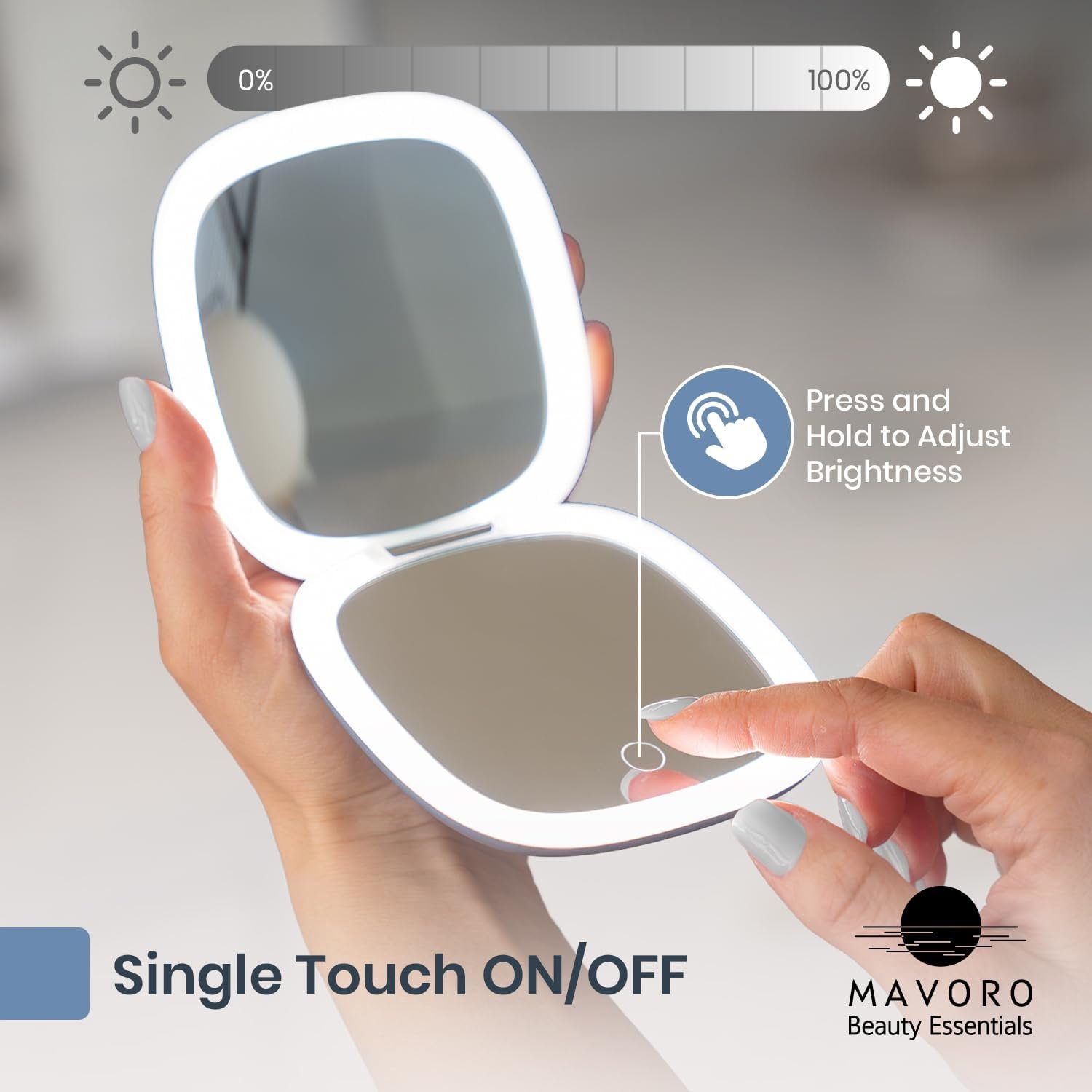 Mavoro LED Compact Makeup Mirror | 1x/10x | USB-C Charging | Arctic Sky | Touch Sensor, Dimmable 3-Mode Lighting, Natural-Looking LED Light, Plush Pouch, Compact for Travel, Purses & Handbags - Image 2