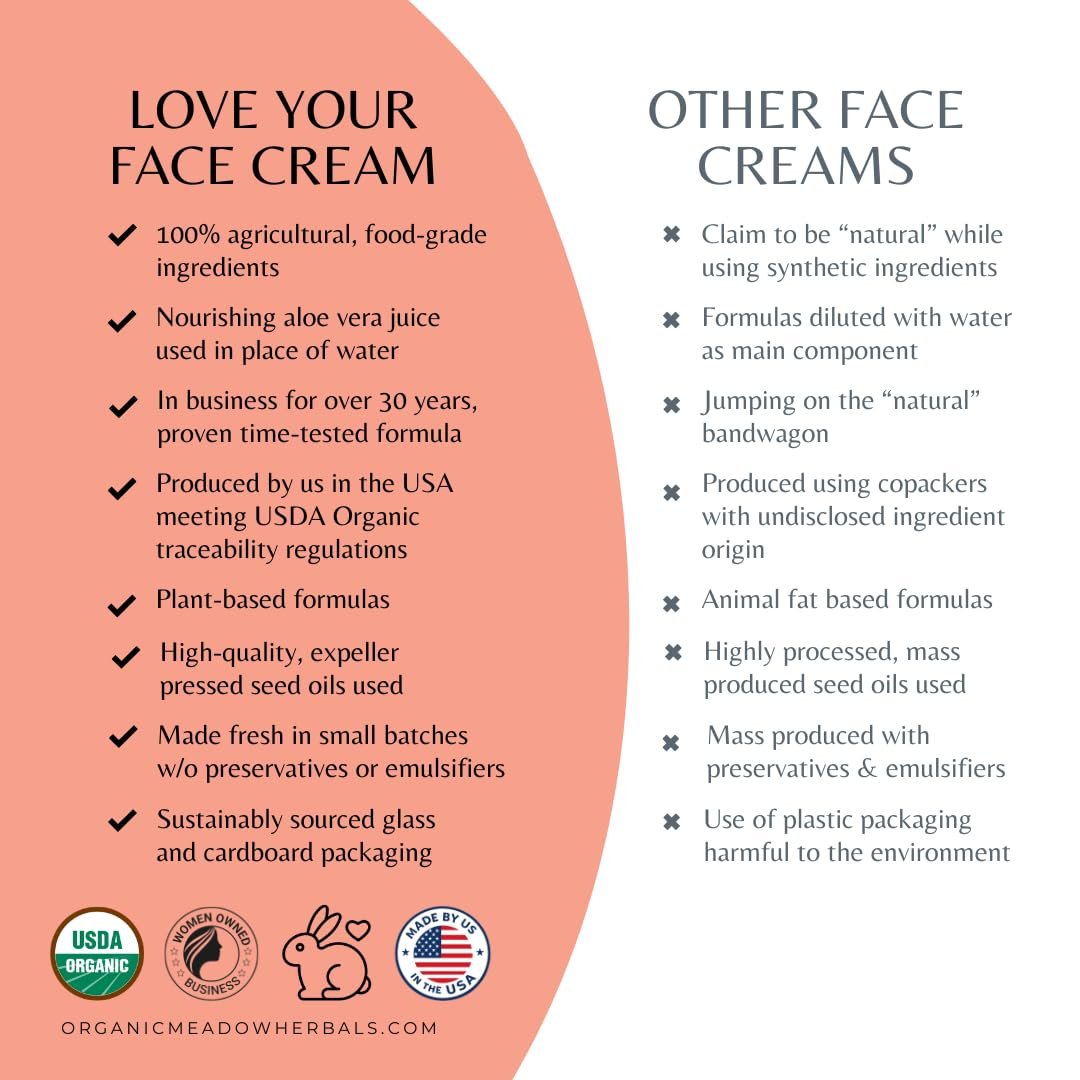 Organic Meadow Herbals Love Your Face Cream 2oz. USDA Certified Organic. Rich Facial Moisturizer for all skin types. Woman-owned & Operated Since 1994 - Image 3
