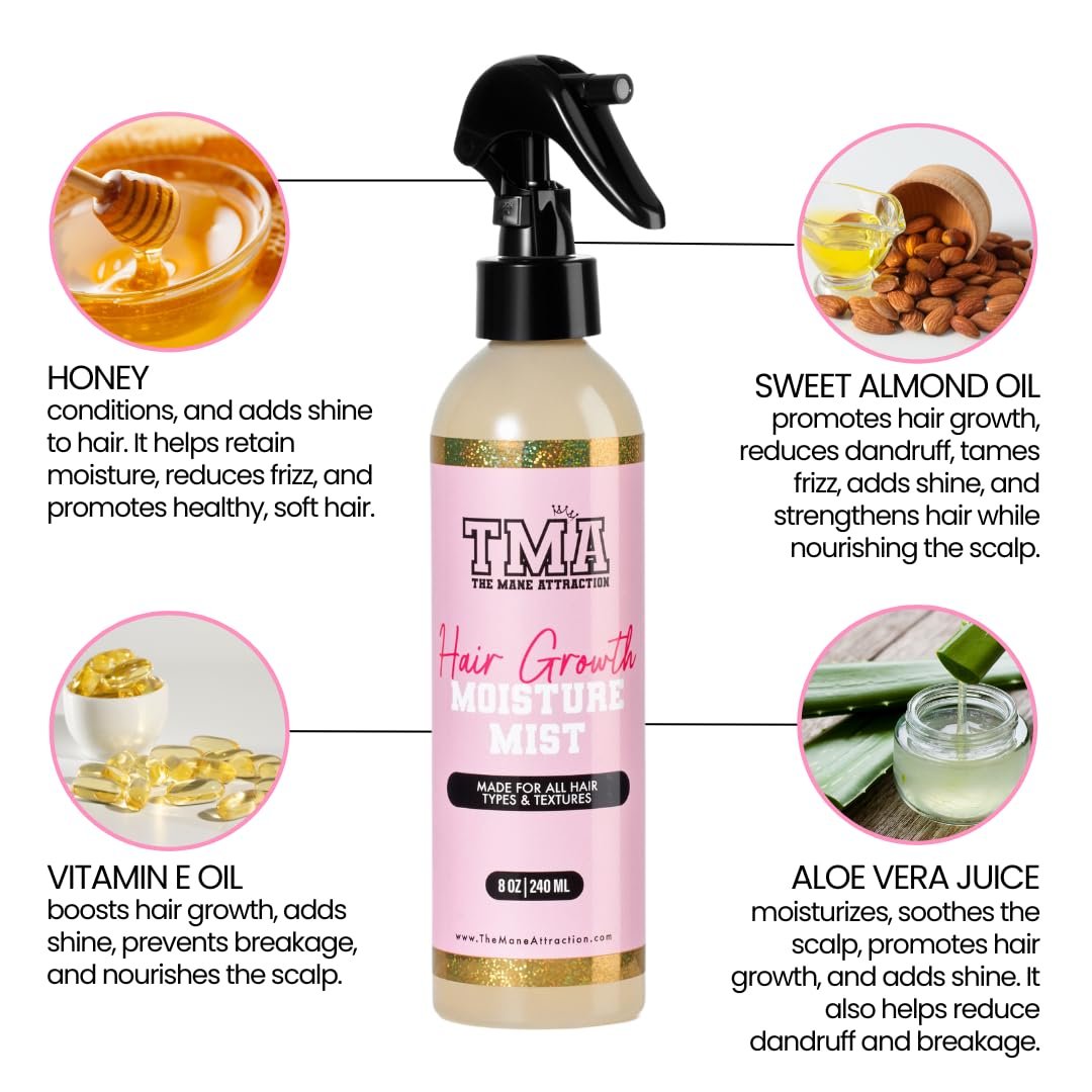 The Mane Attraction Hair Growth Moisture Mist for All Hair Types, 8 Fl Oz | Lightweight Daily Spray for Thicker & Longer Hair, Infused with Aloe Vera Juice, Sweet Almond Oil & Honey - Image 2