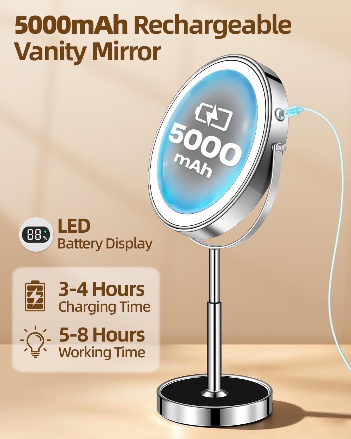 9" Lighted Makeup Mirror with Light,30X Magnifying Height Adjustable Mirror | 5000mah Rechargeable Battery with Level Display Vanity Mirrors with 3 LED Lighting Dimmable for desk Women Gift - Image 5