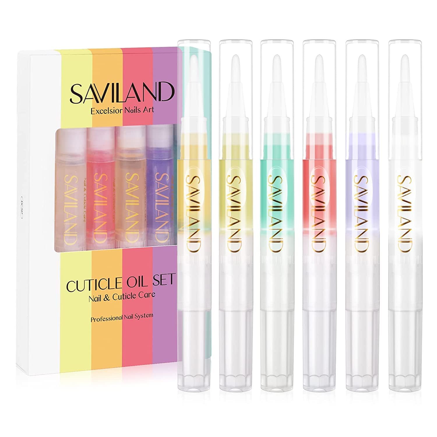 SAVILAND Natural Cuticle Oil Pen 6Pcs Vitamin E for Damaged Thin Nails | Revitalizing Cuticle Softener, Overnight Repair, Nail Strengthener, Plant-Based Jojoba & Olive Oil, Mess-Free Pen Applicator