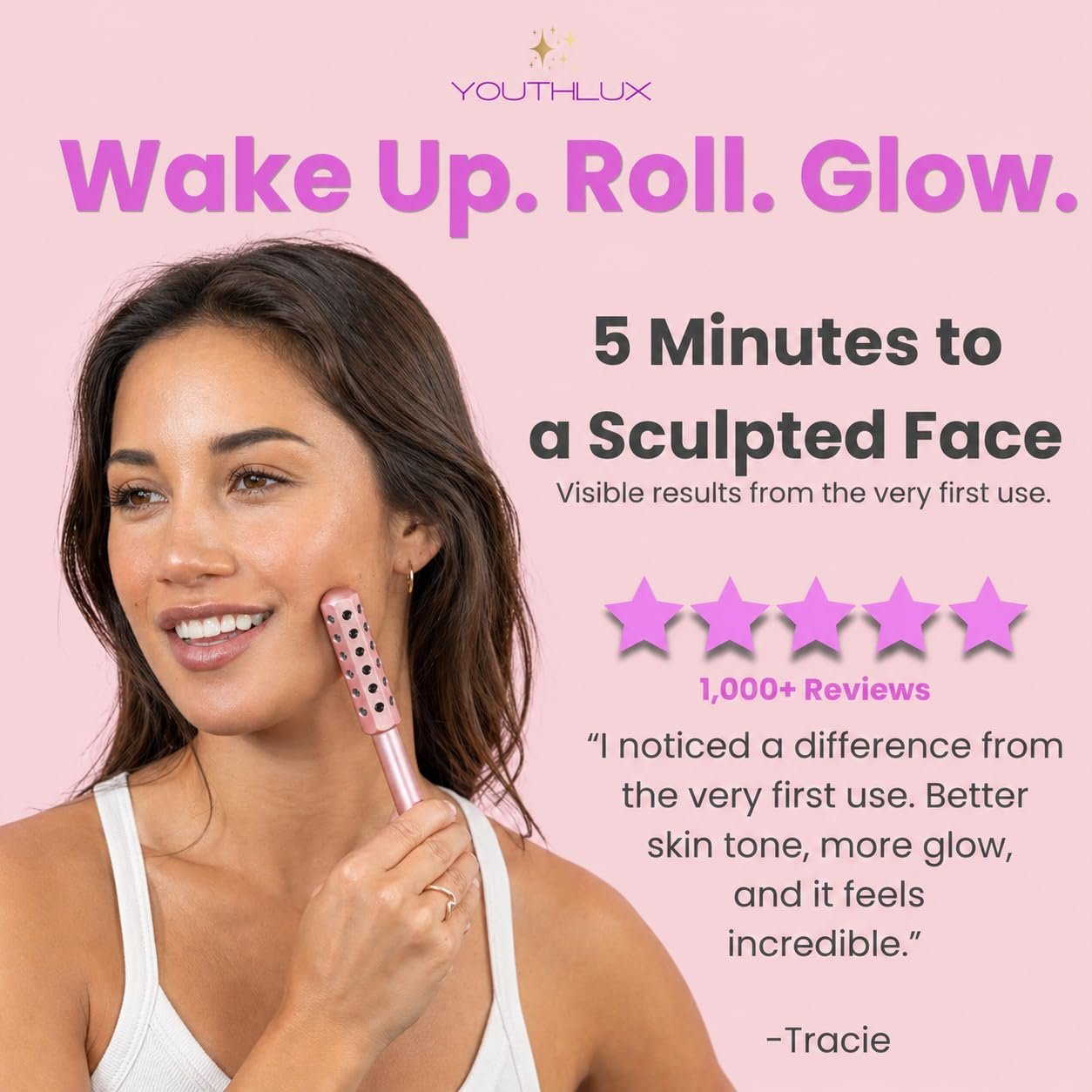 Radiance Roller – Germanium Stone Facial Massage Tool/Wand Face Roller for Lifting, Sculpting, De-Puffing, Glow Boost, Energizing & Cooling Effect (Rose Gold) - Image 4