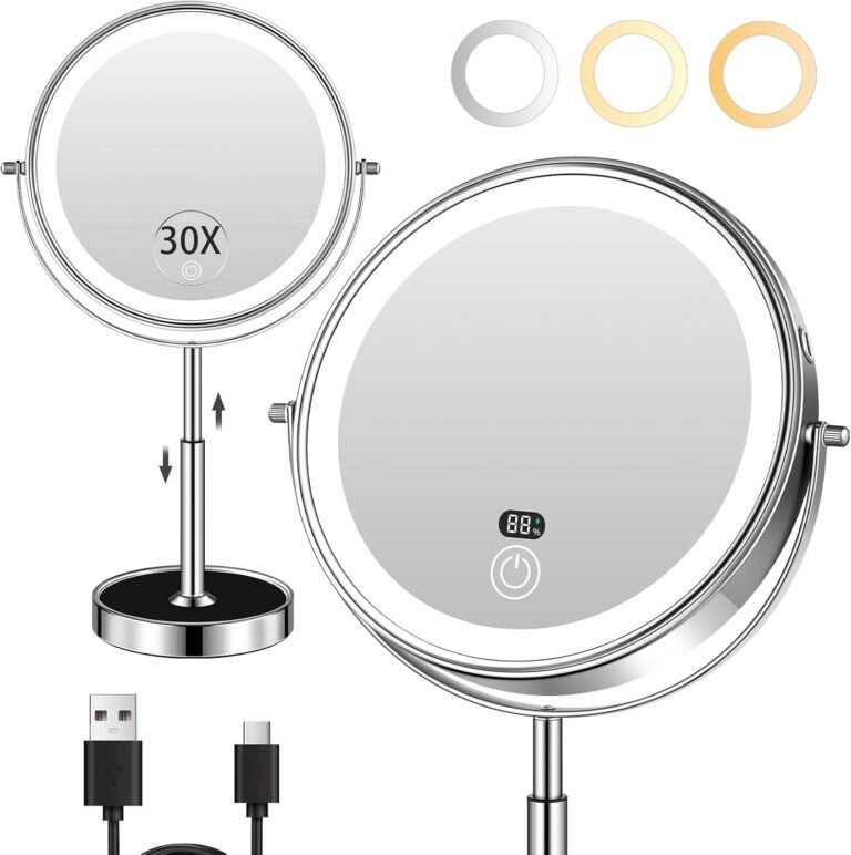 9" Lighted Makeup Mirror with Light,30X Magnifying Height Adjustable Mirror | 5000mah Rechargeable Battery with Level Display Vanity Mirrors with 3 LED Lighting Dimmable for desk Women Gift