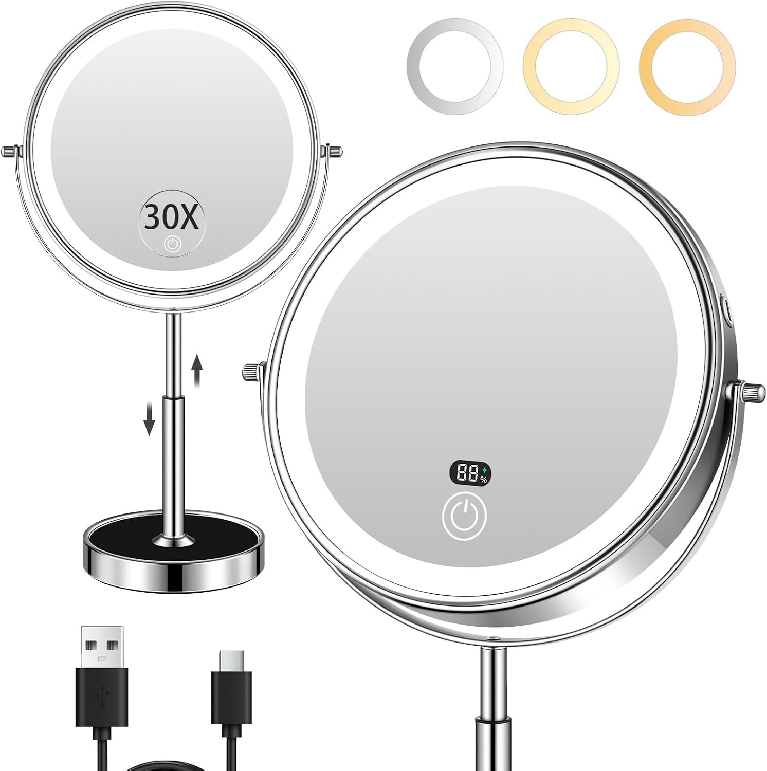 9" Lighted Makeup Mirror with Light,30X Magnifying Height Adjustable Mirror | 5000mah Rechargeable Battery with Level Display Vanity Mirrors with 3 LED Lighting Dimmable for desk Women Gift