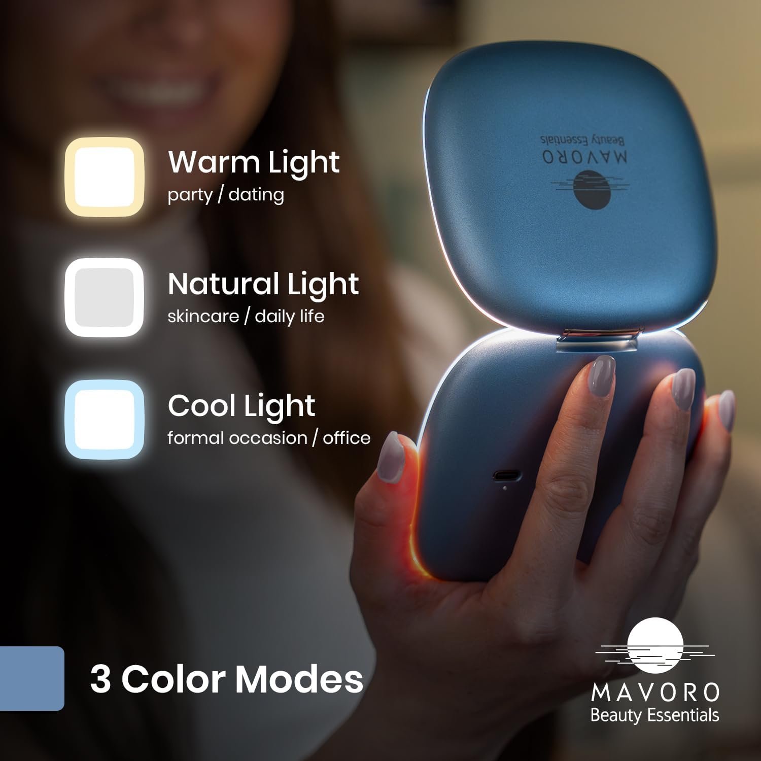 Mavoro LED Compact Makeup Mirror | 1x/10x | USB-C Charging | Arctic Sky | Touch Sensor, Dimmable 3-Mode Lighting, Natural-Looking LED Light, Plush Pouch, Compact for Travel, Purses & Handbags - Image 4