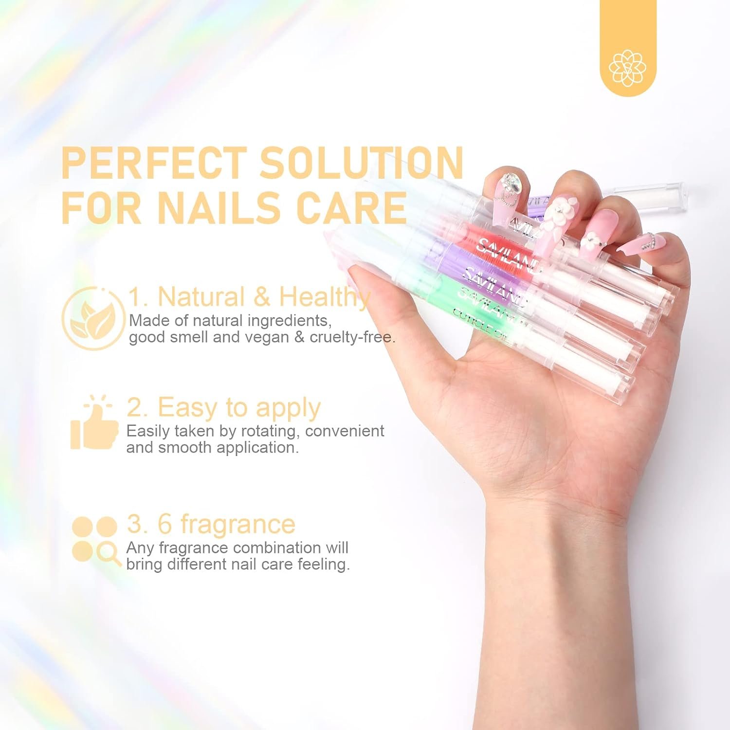 SAVILAND Natural Cuticle Oil Pen 6Pcs Vitamin E for Damaged Thin Nails | Revitalizing Cuticle Softener, Overnight Repair, Nail Strengthener, Plant-Based Jojoba & Olive Oil, Mess-Free Pen Applicator - Image 7