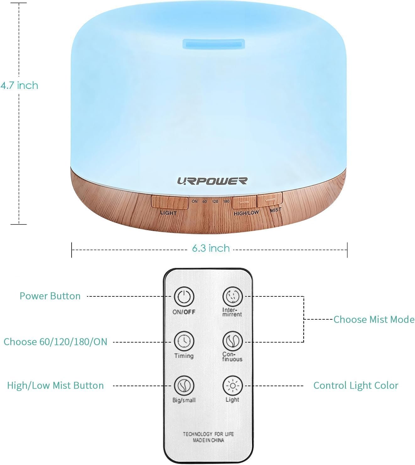 URPOWER 500mL Essential Oil Diffuser Humidifier for Home & Large Rooms | With 4 Timer Settings, 7-Color LED Lighting & Auto Shut-Off Protection for Living Rooms Bedrooms and Everyday Home Fragrance - Image 2