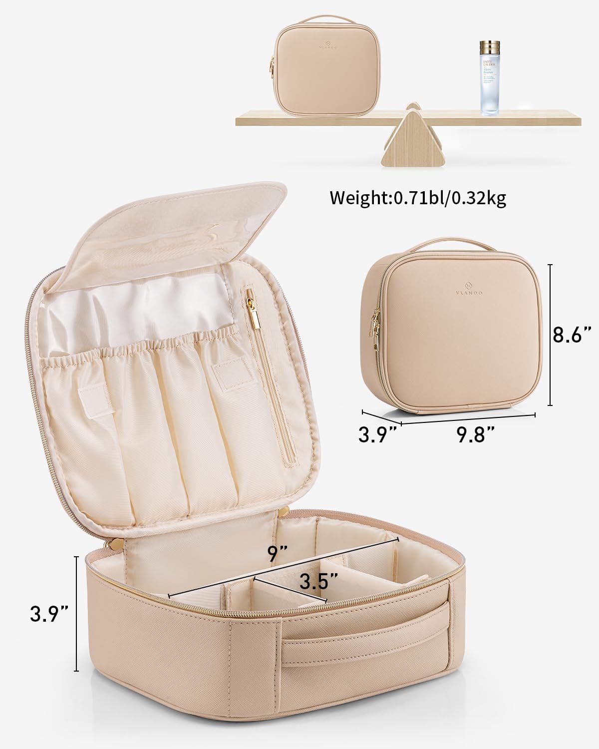 VLANDO Travel Makeup Bag for Women PU Leather Cosmetic Organizer | Large Capacity, Portable with Dividers & Handle; For Travel, Wedding, Girls & Makeup Brushes Storage - Image 4