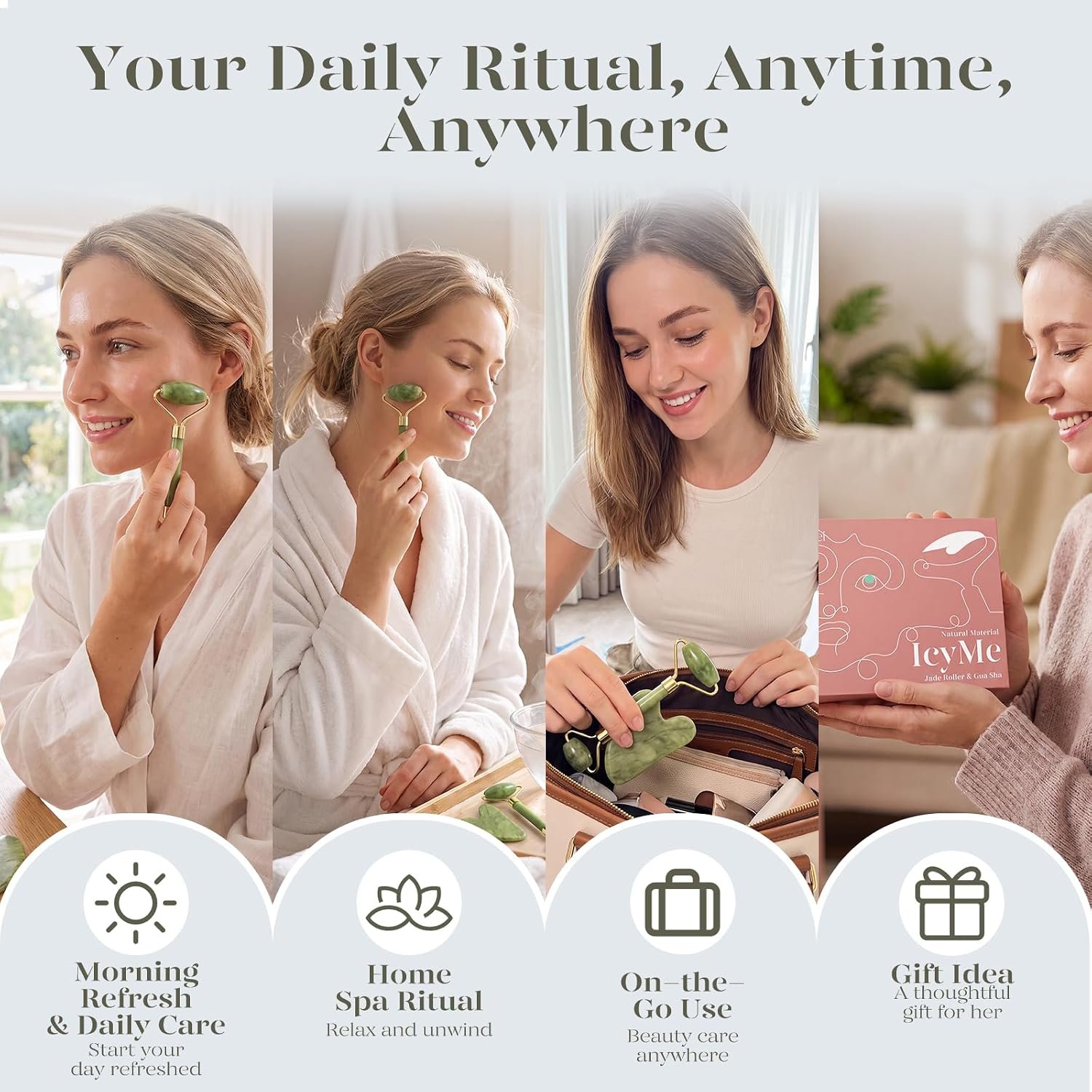 BAIMEI IcyMe Gua Sha & Jade Roller Set for Facial Sculpting and Relaxation | Cooling Face Roller & Guasha Tool for Face Lymphatic Drainage, Depuffing, Jawline Definition, Skin Care Gifts for Women–Green - Image 5