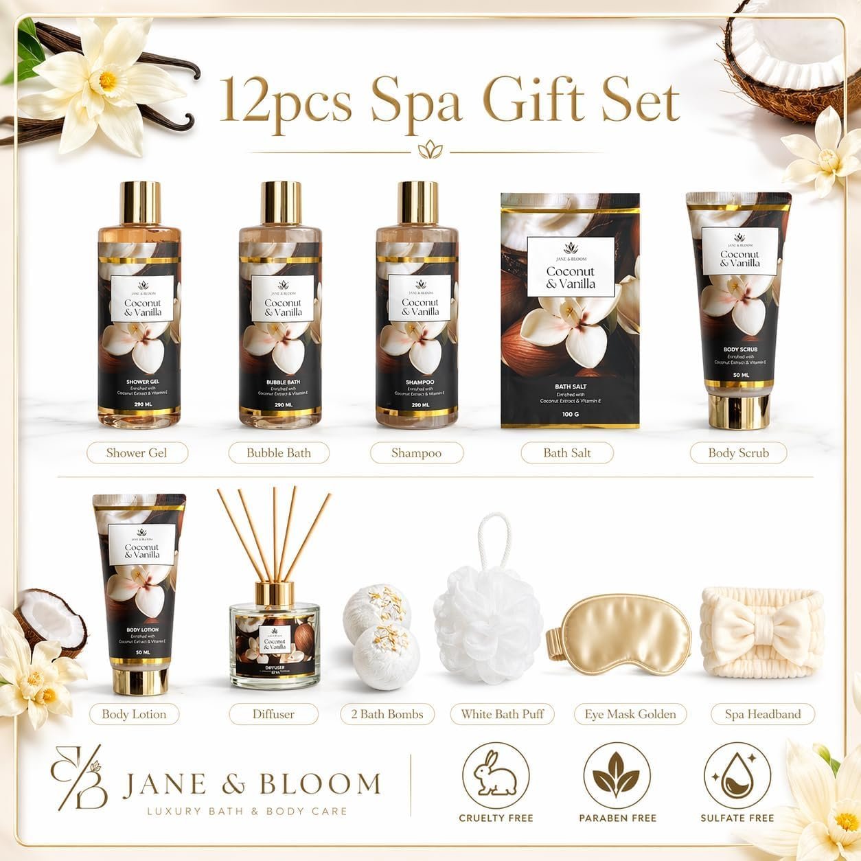 Spa Gift Basket for Women, Coconut & Vanilla 12-Piece Bath Gift Set with Shower Gel, Shampoo, Bubble Bath, Diffuser, Bath Bombs & Lotion, Birthday Gifts for Her - Image 2
