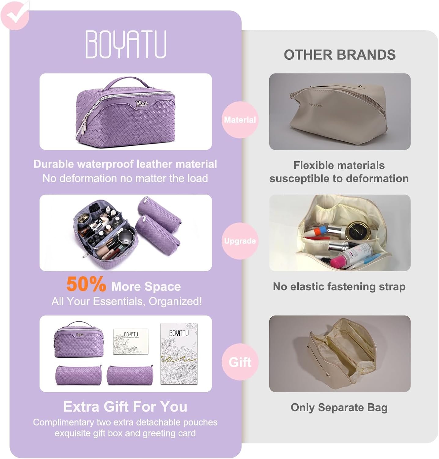 BOYATU Travel Makeup Bag Cosmetic Bags for Women: 3 Pcs Set Make up Bag | Large Capacity Waterproof Vegan Leather Organizer Bags with Compartments - Lay flat Toiletry with Handle (L01 Purple) - Image 3