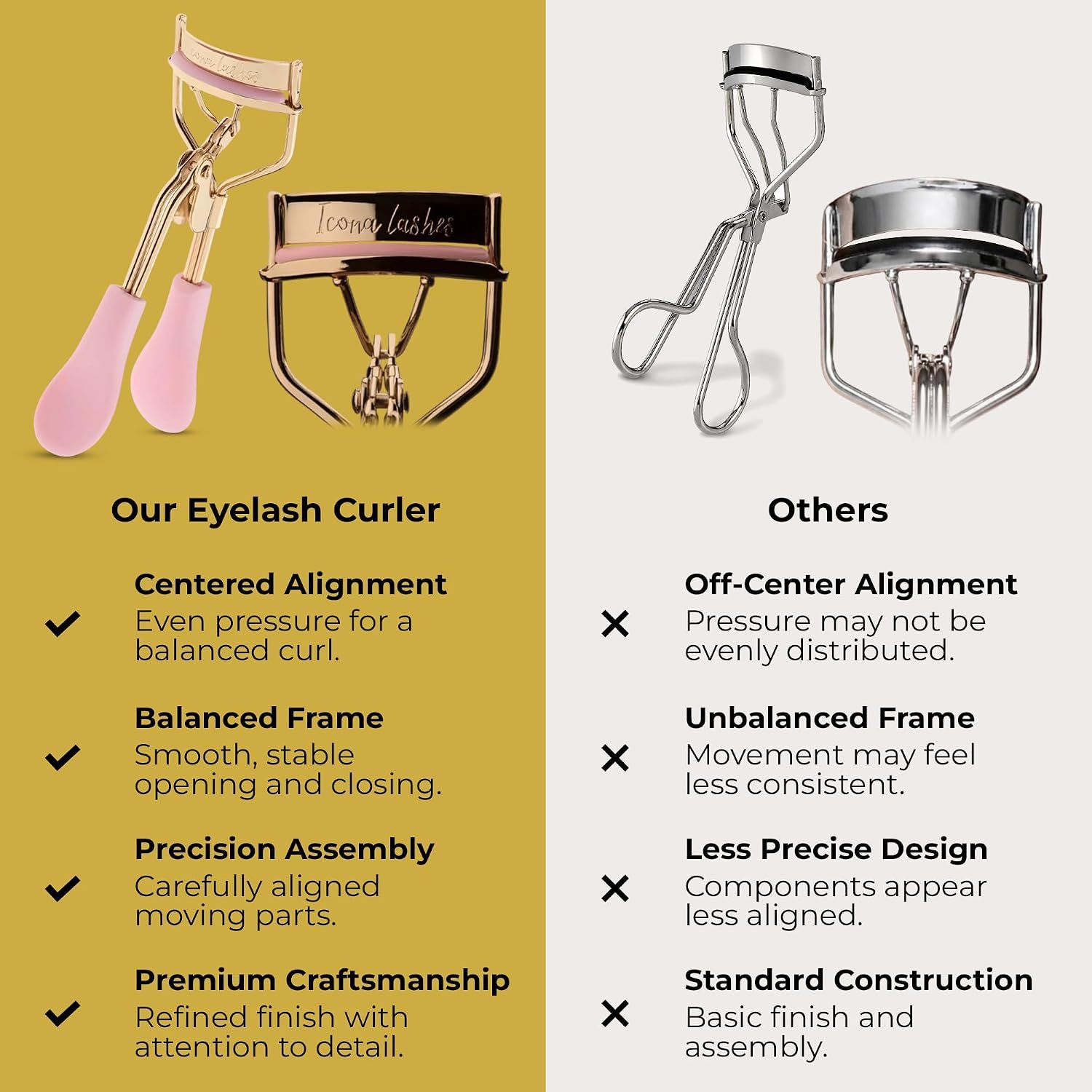 Icona Lashes Eyelash Curler - 24K Gold-Plated Stainless Steel Precision Eye Lash Curler for Lush, Luxurious Lashes - Silicone Eyelash Curler Pads, Ergonomic Cushioned Handles - With Replacement Pads - Image 4