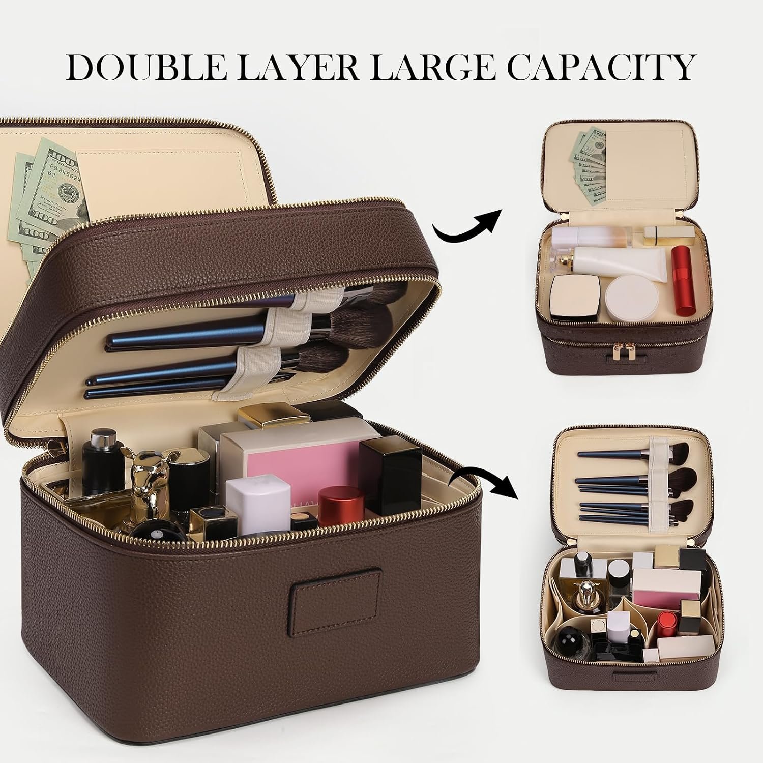 HiTotes Large Makeup Bag Duo Vanity Case for Women Leather Makeup Case Travel Toiletry Bag Portable Double Layer Cosmetic Bag - Image 3