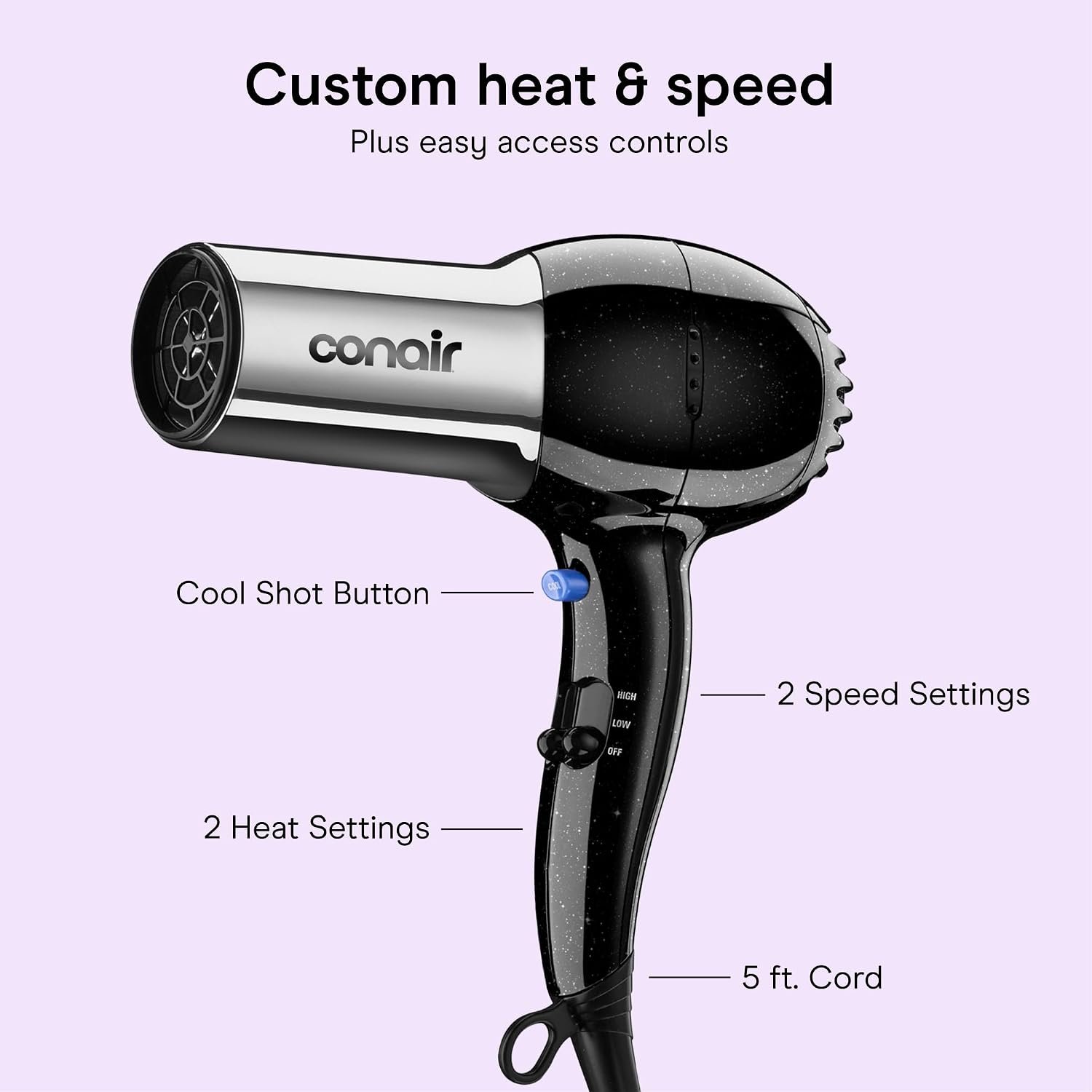 Conair Ionic Hair Dryer with Concentrator Attachment, 1875W, Full Size | Fast-drying blow dryer with various heat and speed settings and a lightweight design for effortless everyday styling - Image 4