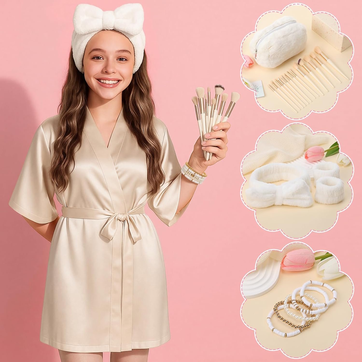 Shyyween 15 Pcs Birthday Gifts for Women Robe Sets for Women Spa Basket Set Graduation Gifts Bath Robe Make up Brushes Scented Candle Fluffy Socks Coffee Cup for Mom Nurse Girlfriend Wife(Champagne) - Image 3