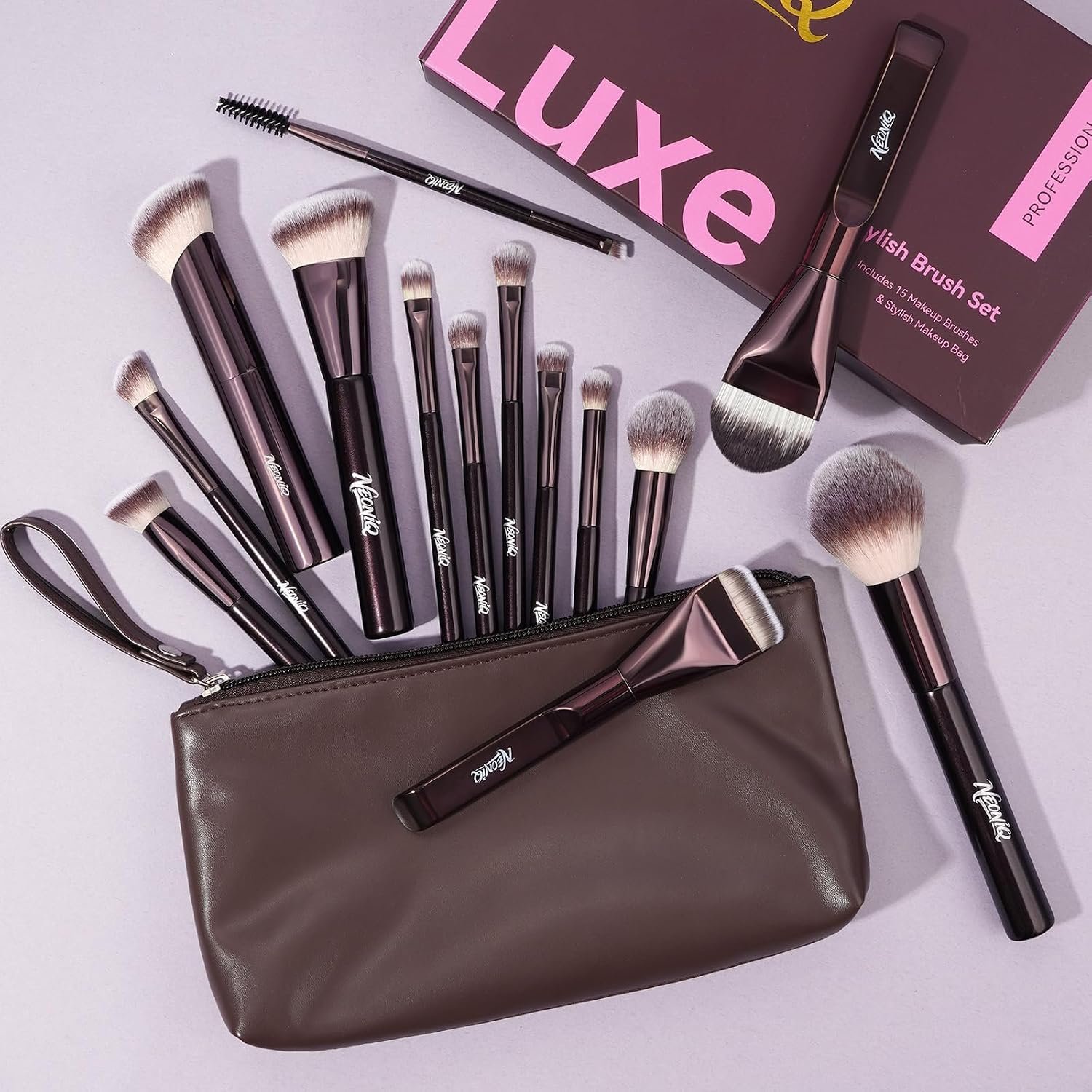 14 PCS Professional Makeup Brushes Set with Travel Cosmetic Bag(Brown) | Luxe Soft Synthetic Face & Eye Makeup Brush Kit for Foundation, Powder, Blush, Concealer, Eyeshadow, Contour, Eyebrow - Image 2