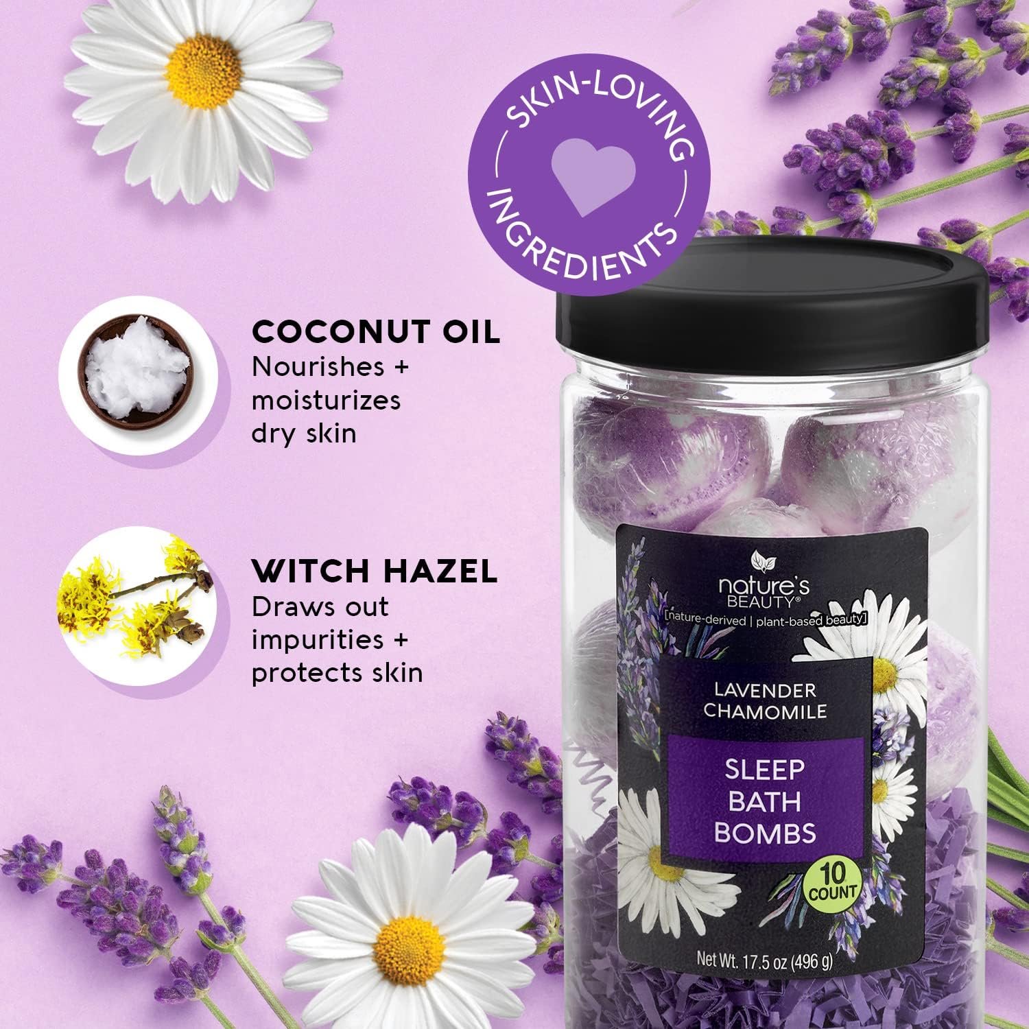 Nature’s Beauty Lavender Chamomile Sleep Bath Bomb Gift Set - Relaxing Spa Soak with Coconut Oil & Witch Hazel - Vanilla Citrus Scent - 2 Pack, 17.5 oz - Image 2