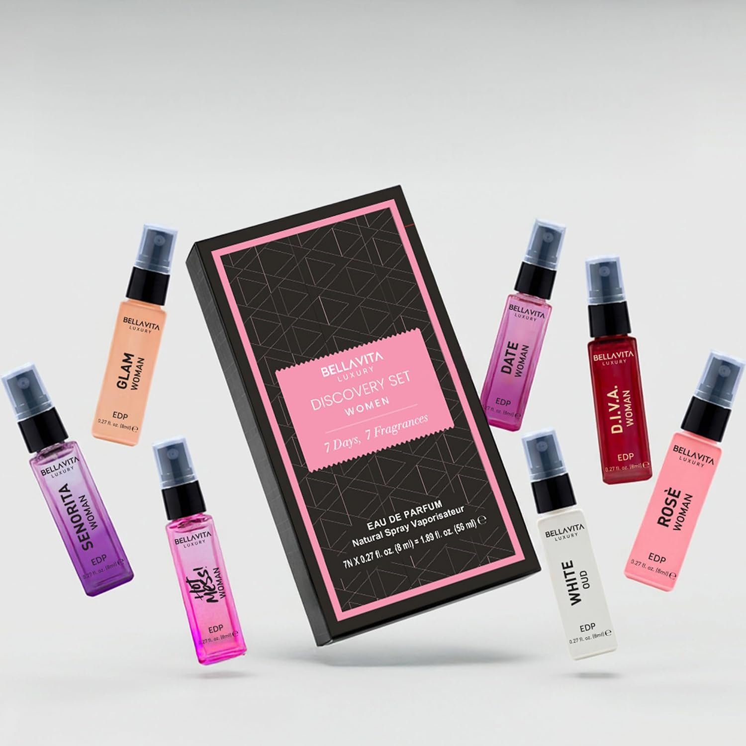 Bellavita Luxury Women's Perfume Discovery Gift Set with Date, Glam, Diva, Rose, Hot Mess, White Oud, and Senorita | 7 X 8ml | Floral, Fresh, Fruity Scent Profile - Image 14