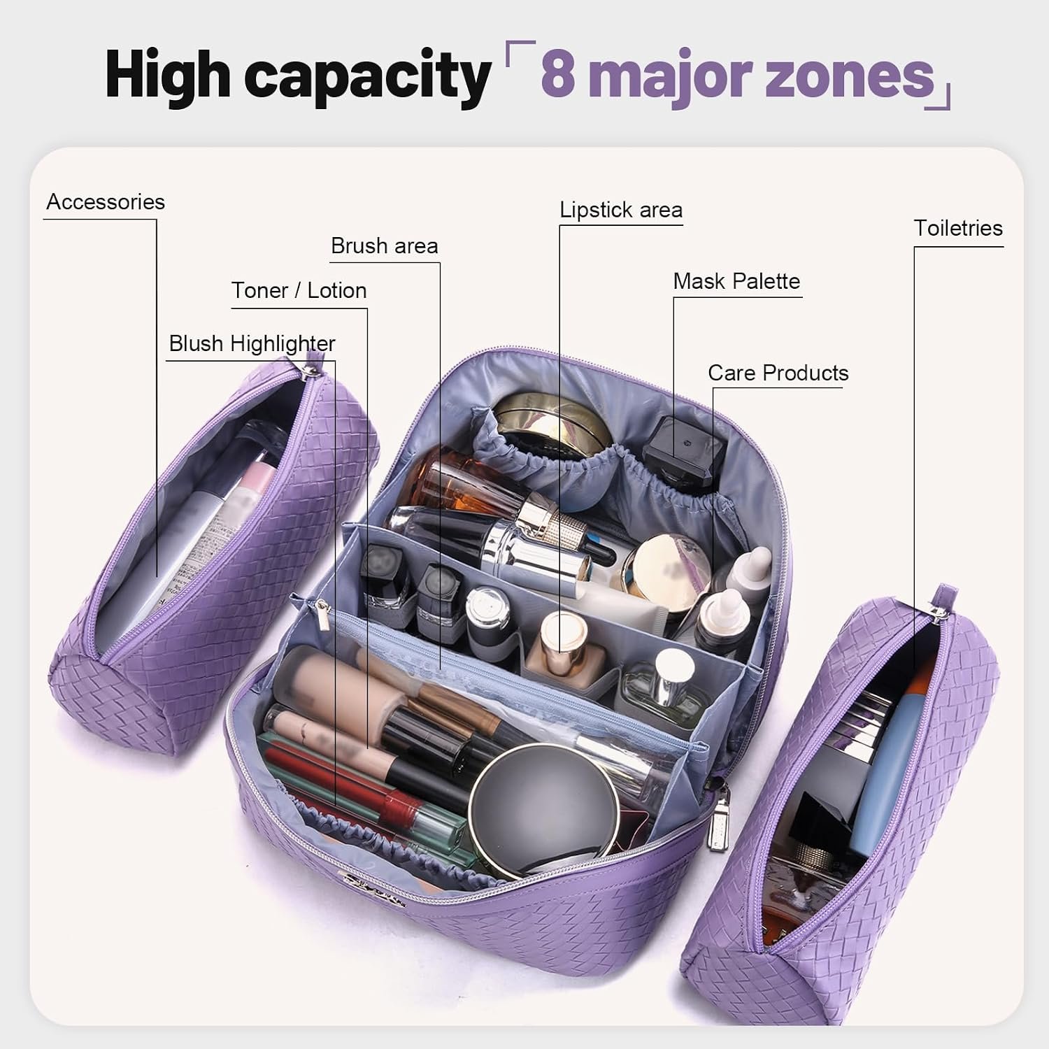 BOYATU Travel Makeup Bag Cosmetic Bags for Women: 3 Pcs Set Make up Bag | Large Capacity Waterproof Vegan Leather Organizer Bags with Compartments - Lay flat Toiletry with Handle (L01 Purple) - Image 4