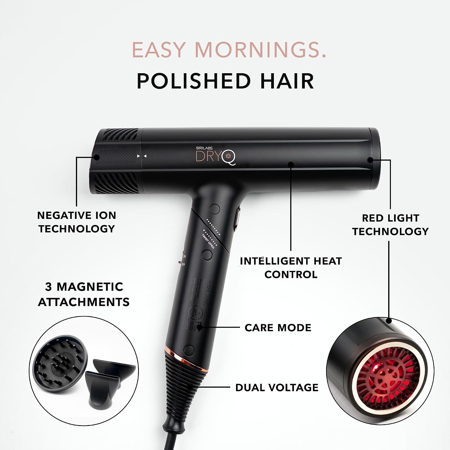 SRILabs DryQ Infrared Hair Dryer - Red Light, Frizz Control, Dual Voltage - Image 5