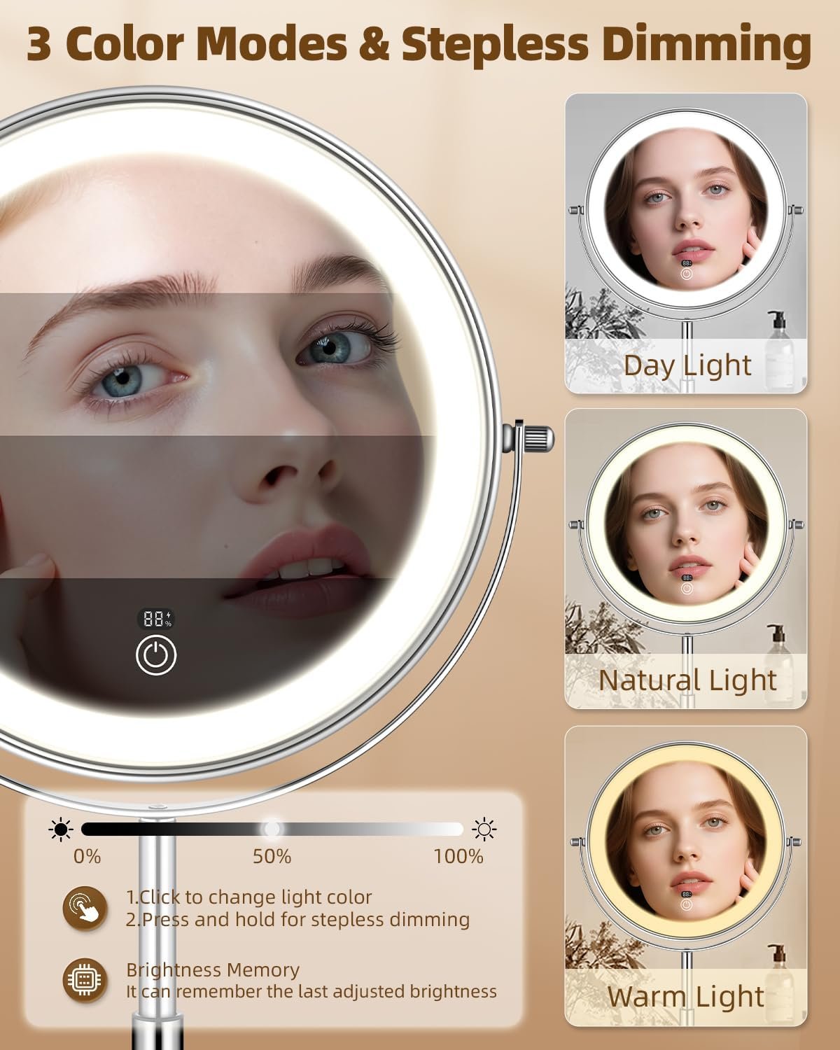 9" Lighted Makeup Mirror with Light,30X Magnifying Height Adjustable Mirror | 5000mah Rechargeable Battery with Level Display Vanity Mirrors with 3 LED Lighting Dimmable for desk Women Gift - Image 4