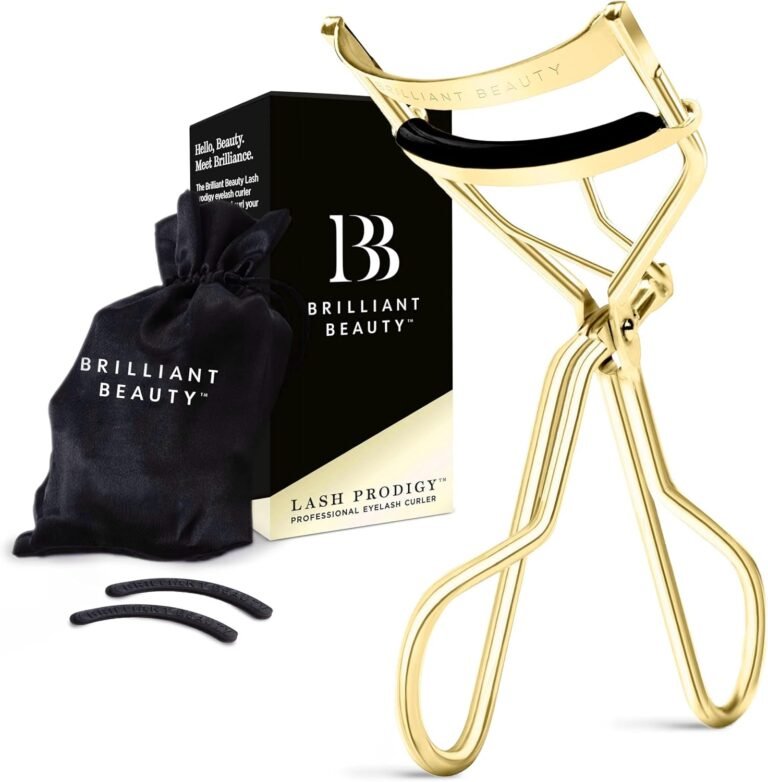 Brilliant Beauty Eyelash Curler - Satin Bag & Refill Pads, Gold | Dramatically Curled Lashes, Lash Lift in Seconds, No Pinching