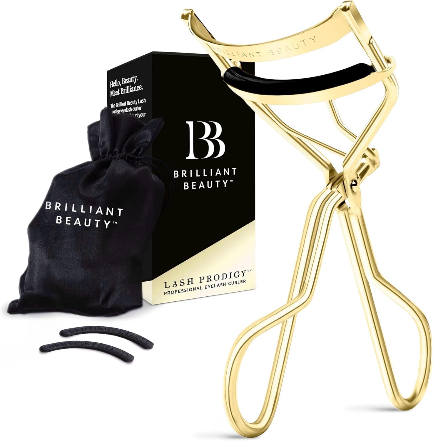 Brilliant Beauty Eyelash Curler - Satin Bag & Refill Pads, Gold | Dramatically Curled Lashes, Lash Lift in Seconds, No Pinching