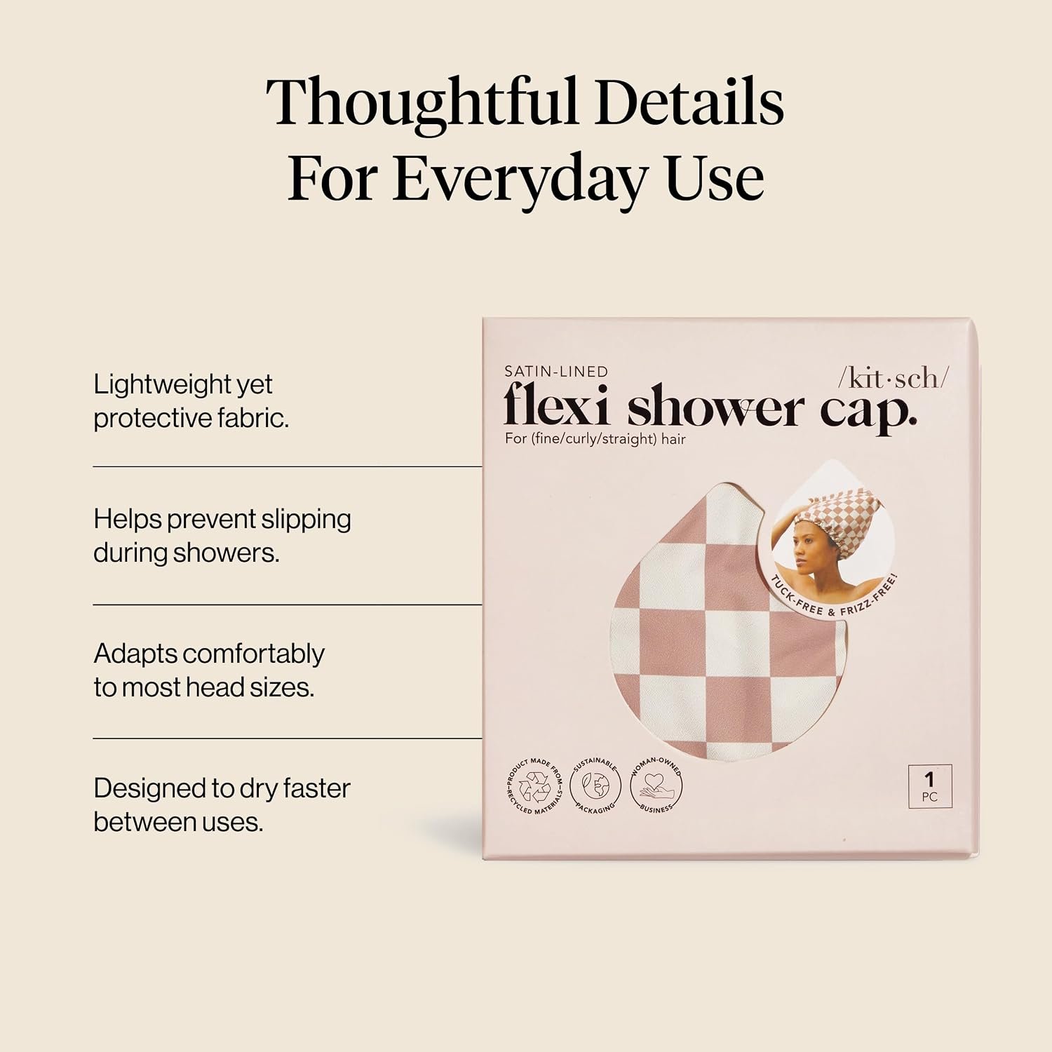 Kitsch Luxury Satin-Lined Flexi Shower Cap for Women - Terracotta Checker | Shower Caps for Women Reusable Waterproof - Non-slip, Comfortable Quick-dry Hair Shower Cap for All Hair Types - Image 3