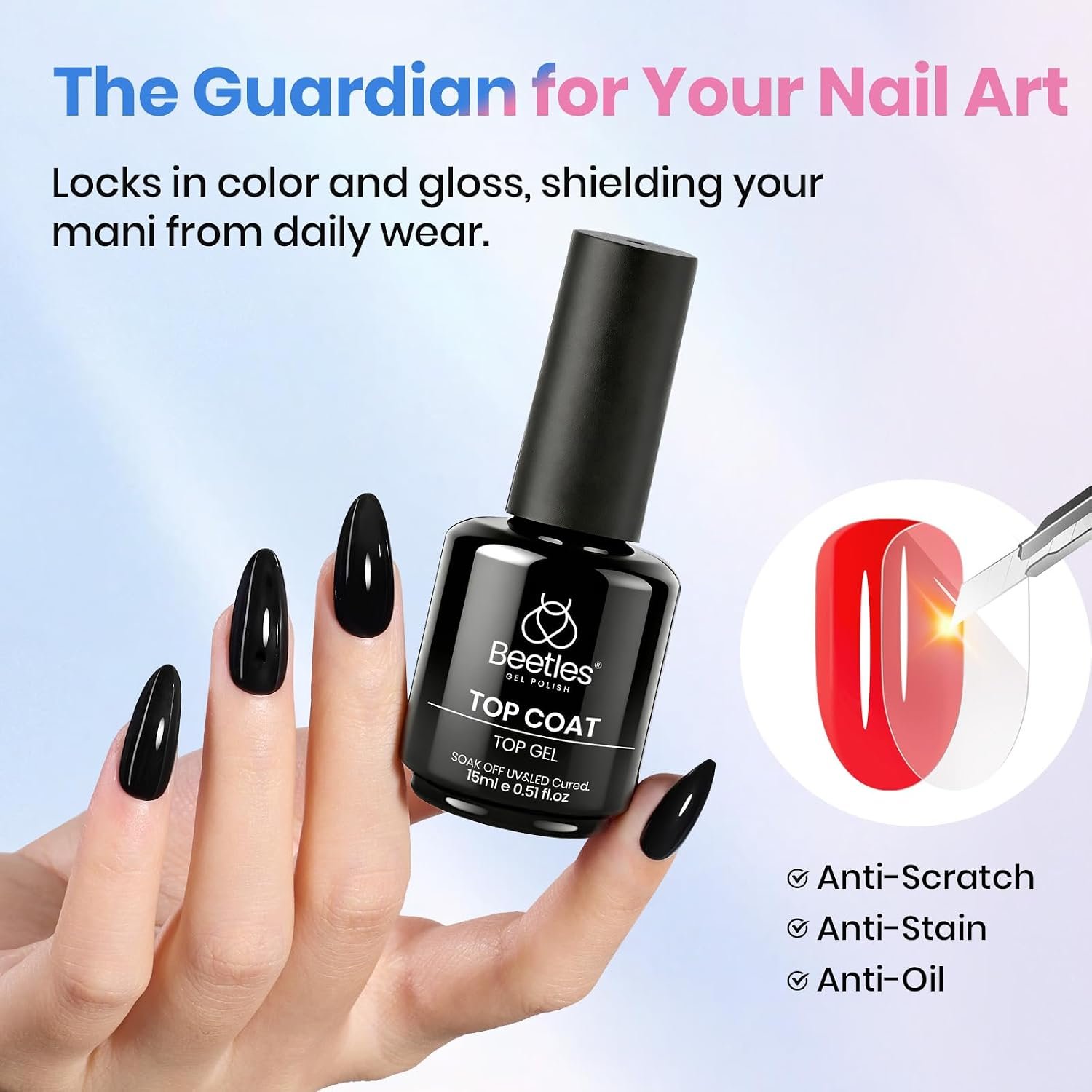 Beetles 2 Pcs 15ml No Wipe Gel Top Coat and Base Coat Set | Long Lasting Soak Off LED Nail Lamp Gel Base Top Coat Stay Lock Shine Duo Finish Nail Art Design Manicure Gifts for Women - Image 4