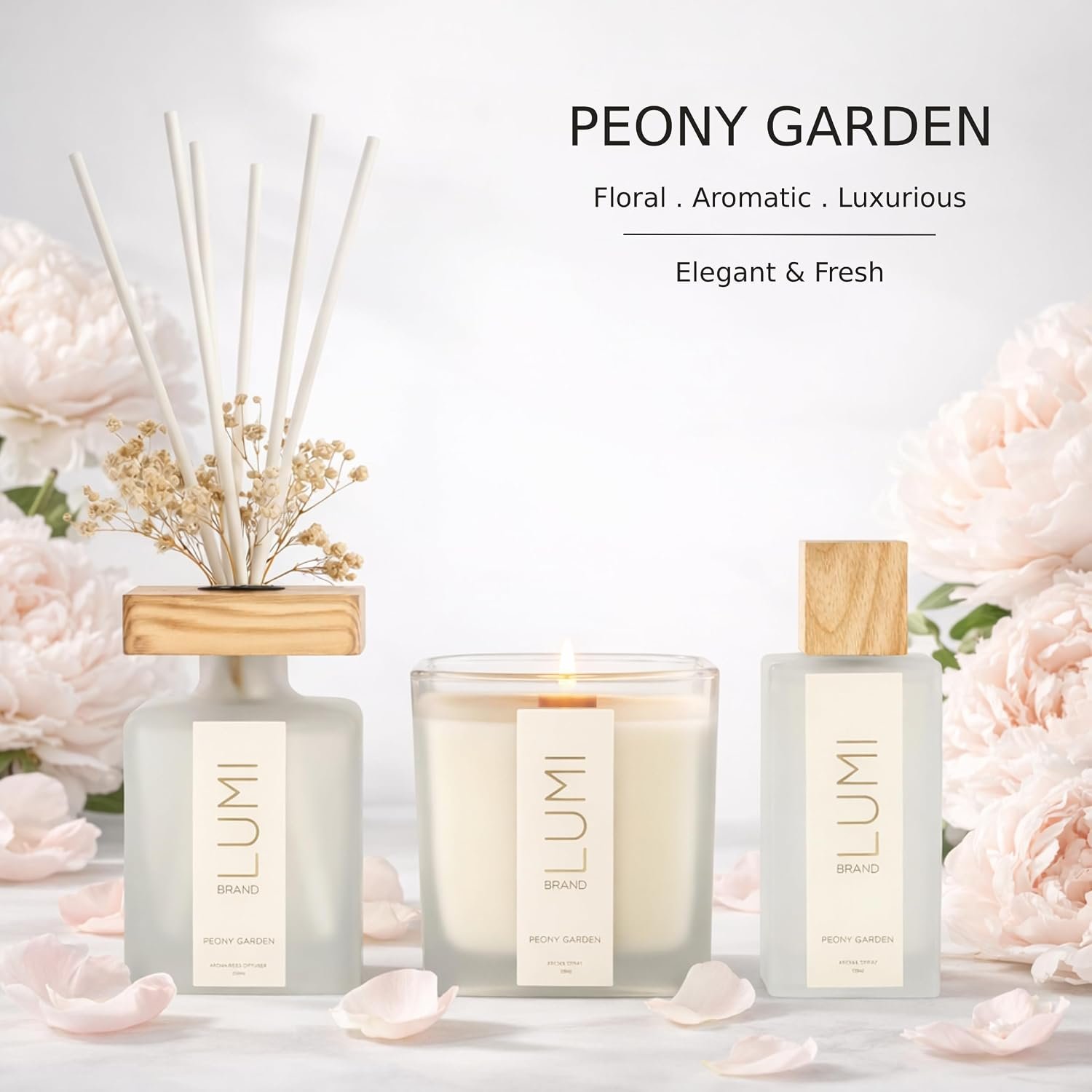 Luxury Aroma Gift Set | Peony Garden Scent - Reed Diffuser (200ml), Wood Wick Soy Candle (200g), Room Spray (50ml) | Includes Dried Flowers & 8 Reeds | Luxurious Fragrance for Home Décor | Great Gifts - Image 3