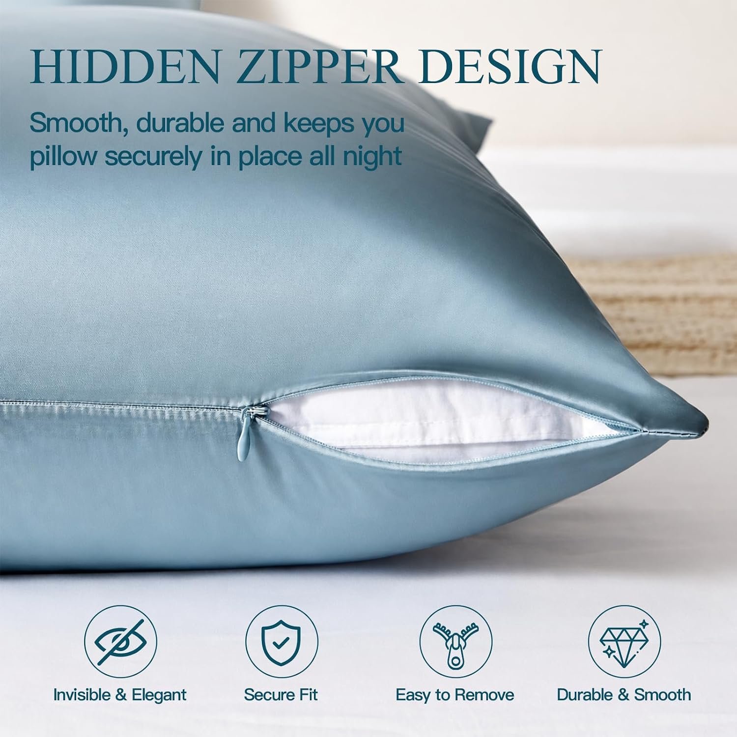 Mulberry Silk Pillow Cases for Hair and Skin, Standard, Blue Gray, 1 pc | fits 20x26 inches pillows, with Hidden Zipper, Cooling Pillowcovers for Hot Sleepers, Hypoallergenic, Smooth, Women Men Gift - Image 6