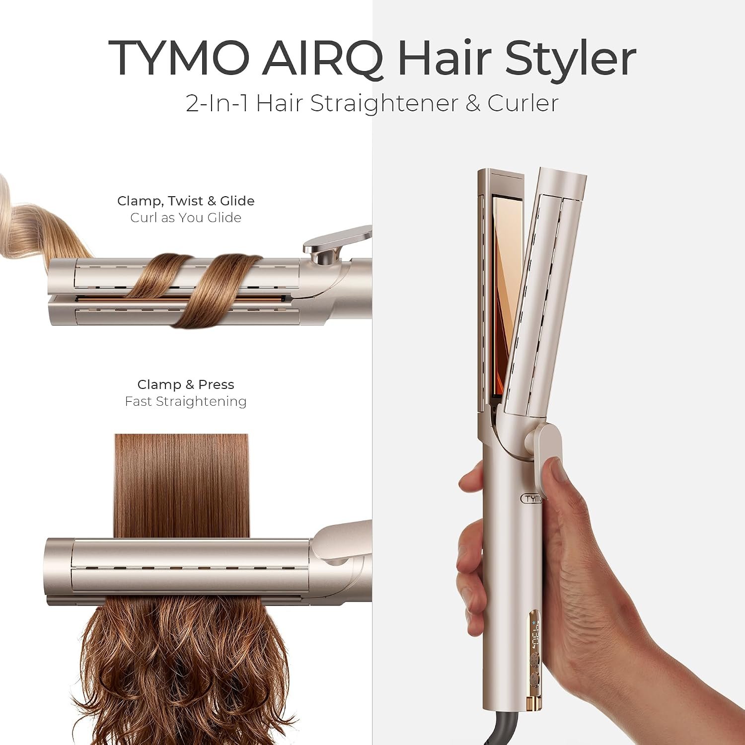 TYMO AIRQ Dual-Size Airflow Flat Iron Curling Iron 1 1/2 Inch to 2 Inch | Hair Straightener and Hair Curler 2 in 1, Beach Waves, Nano Titanium, 300 Million Ionic, Gold - Image 2